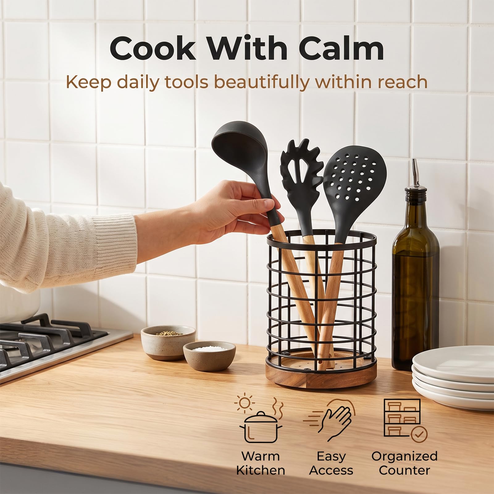 WILDMOS Soporte para utensilios para encimera de cocina, alambre negro con base de madera, soporte para utensilios de cocina de madera grande, organizador de utensilios de cocina.