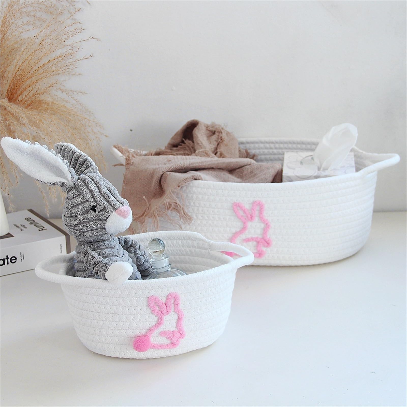 Cesta de almacenamiento de cuerda de algodón tejida a mano con asa, diseño de conejo, organizador de escritorio, cesta para la ropa sucia, caja de artículos pequeños para el hogar (púrpura, grande)