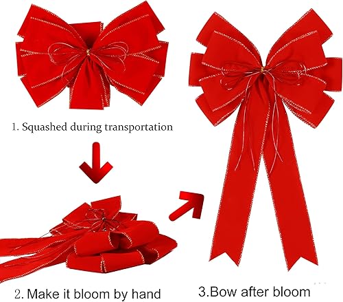 Miniatura 4 de Paquete de 2 lazos rojos de Navidad para decoraciones al aire libre, lazo grande de terciopelo para corona de 12"x20" con cuerda brillante borde