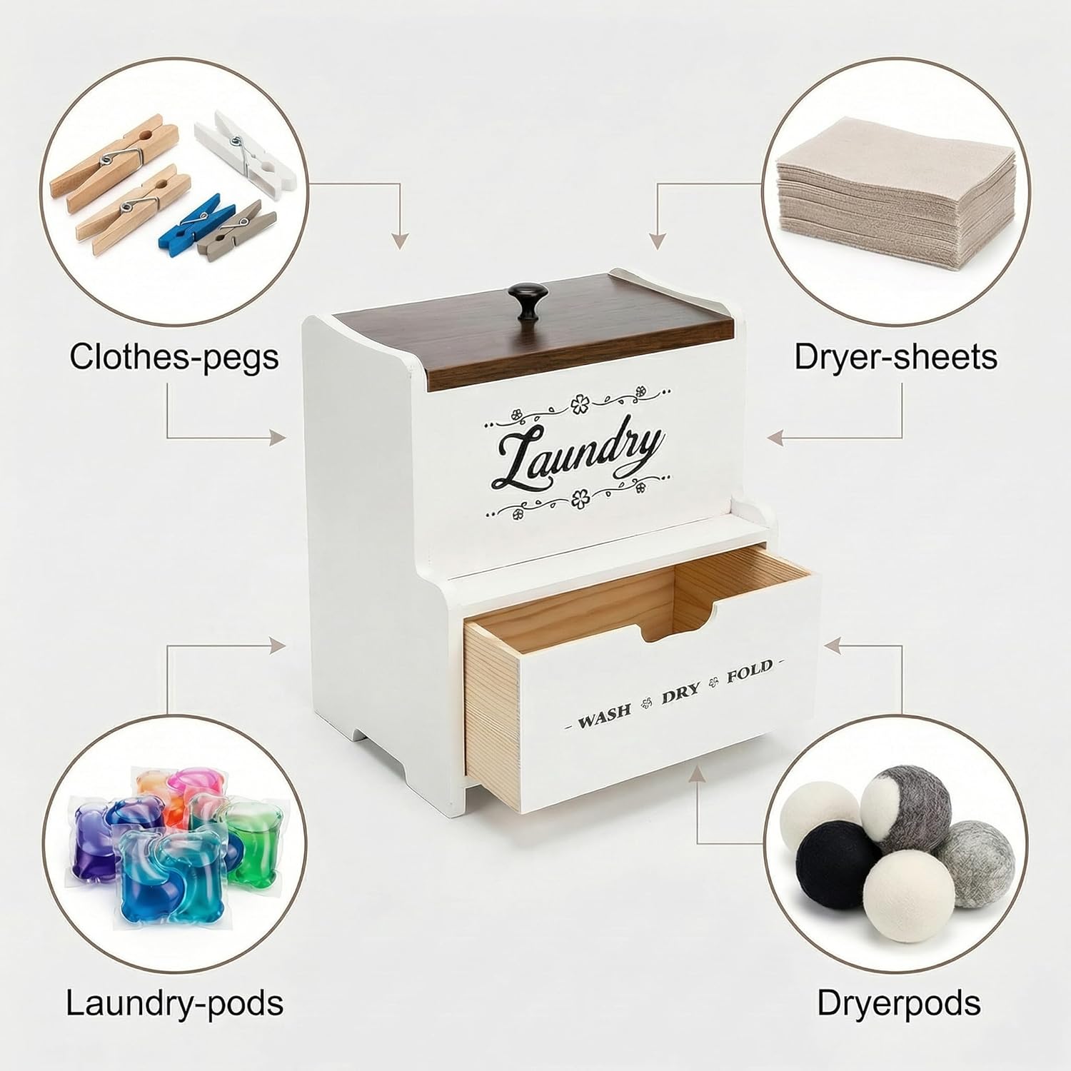 Goaste Dryer Sheet Holder with Drawer, Wood Dryer Sheet Dispenser with Lid, Farmhouse Laundry Pods Container Box, Wall Mount Fabric Softener Organizer for Laundry Room Storage and Organization