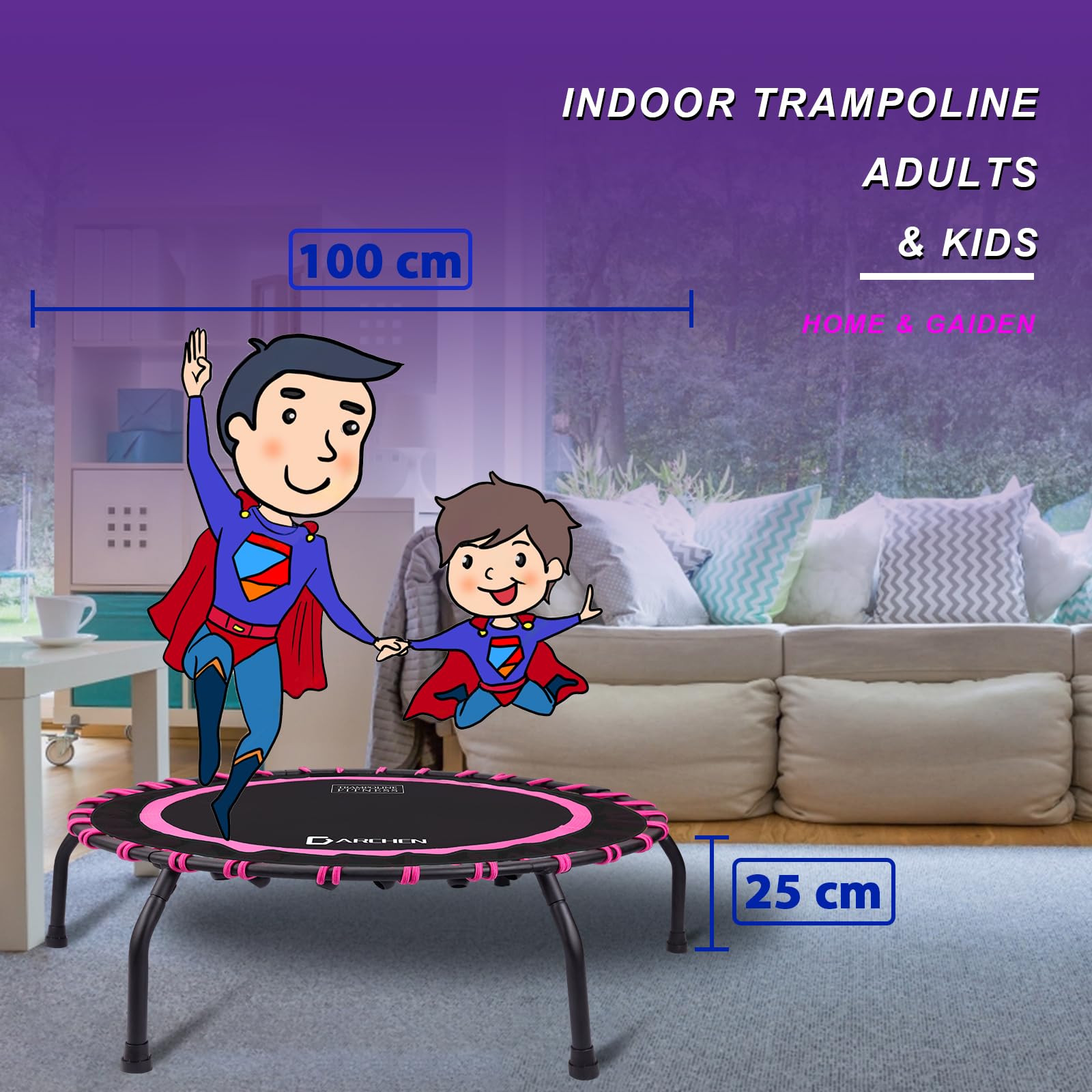 DARCHEN Mini trampolino Rebounder da 150 kg per adulti, piccolo trampolino per interni, per esercizi, allenamento, fitness, design migliorato per rimbalzo più sicuro e silenzioso [100 cm]