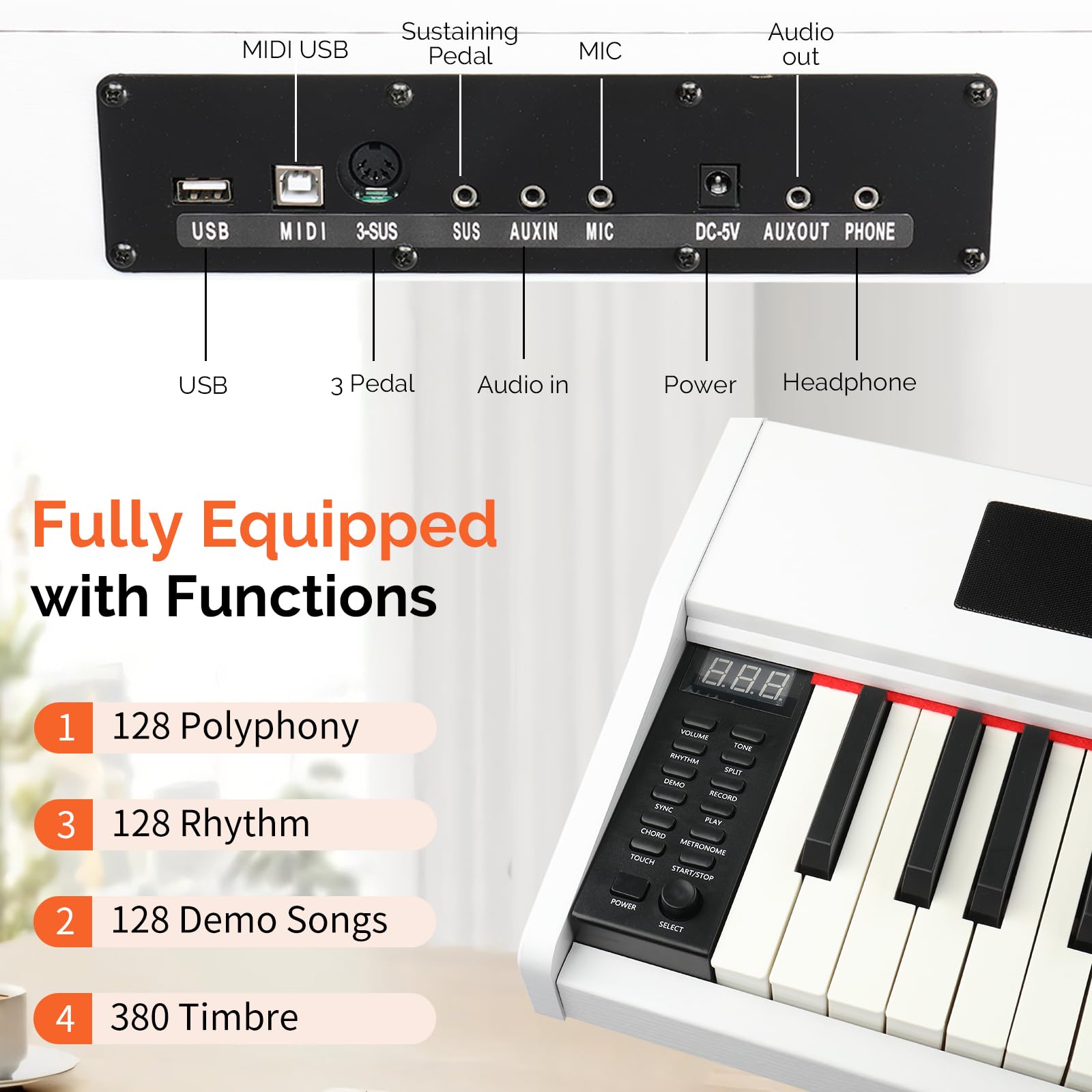 GLARRY Digital Piano Keyboard with Stand, Portable 88 keys Semi-Weighted Electric Piano with Pedal for Beginner, Bluetooth, Triple Pedals, Power Supply, 2 Speakers (White, Compact)