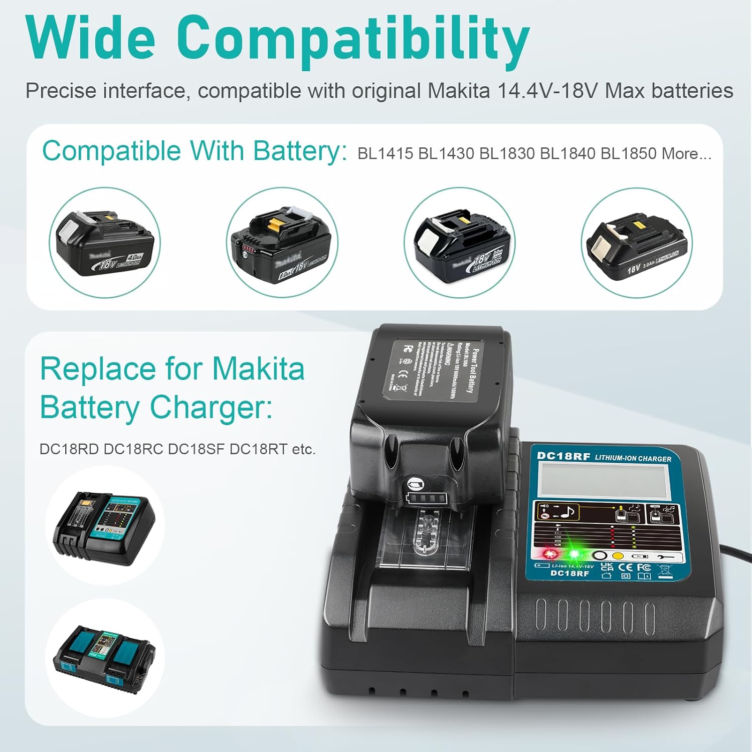 DC18RF 14.4V/18V Rapid Charger with LCD Display for Makita 18V Battery, Compatible with Makita 14.4V-18V Battery BL1850B BL1860B BL1830B BL1840B BL1820B & Charger DC18RD DC18SF DC18RT - Image 3
