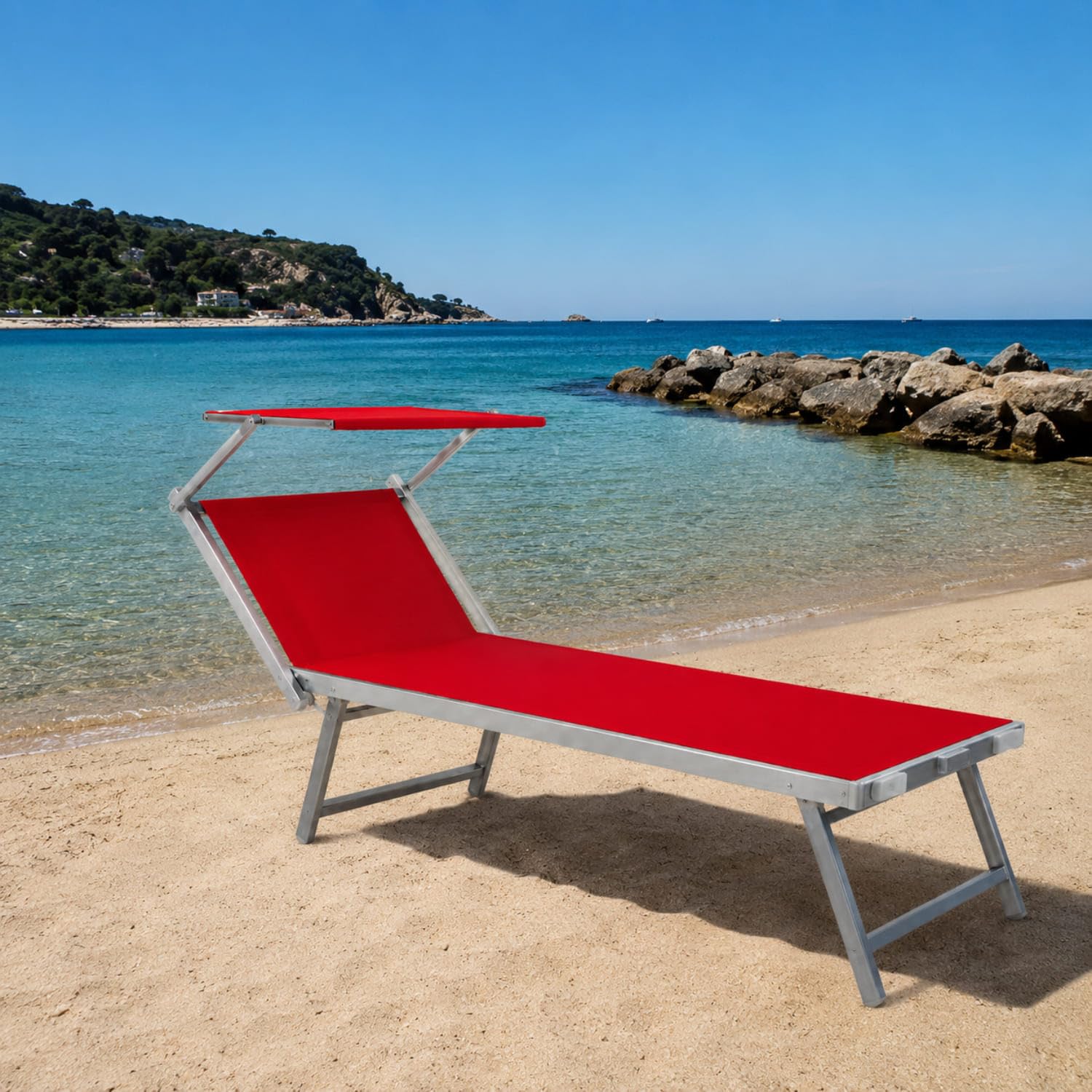 Bricozone Lettino Pieghevole Prendisole in Alluminio E Tessuto Textilene Professionale Con Tettuccio Parasole Orientabile Sdraio Per Mare Spiaggia Piscina Giardino 182 x 60 x 38 Cm Rosso