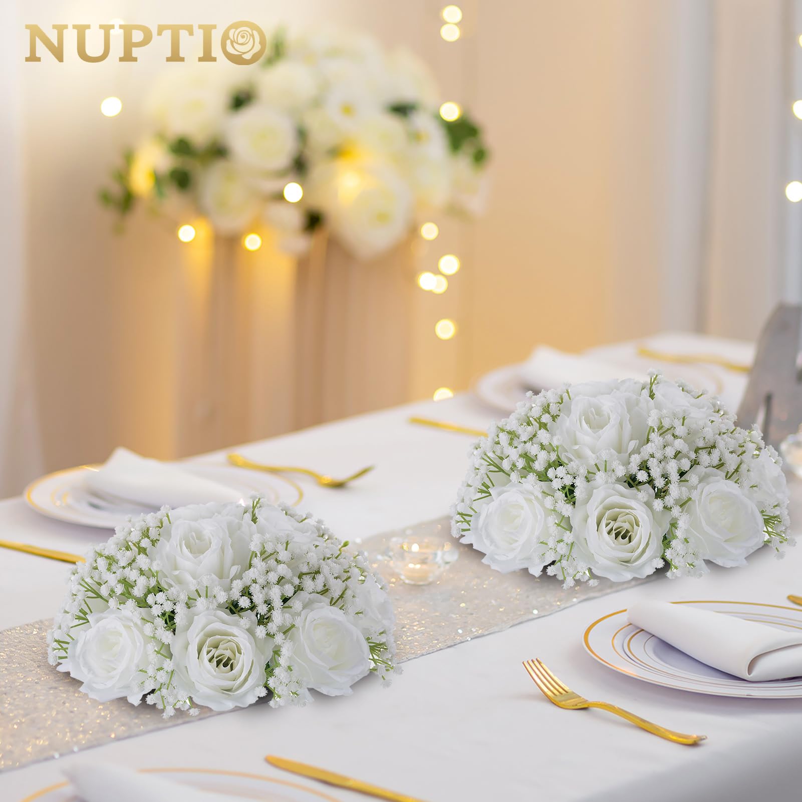 NUPTIO White Flowers Ball Centrepieces: 2 Pcs 22cm Diameter Decorative Artificial Rose Balls for Wedding Table - Image 2