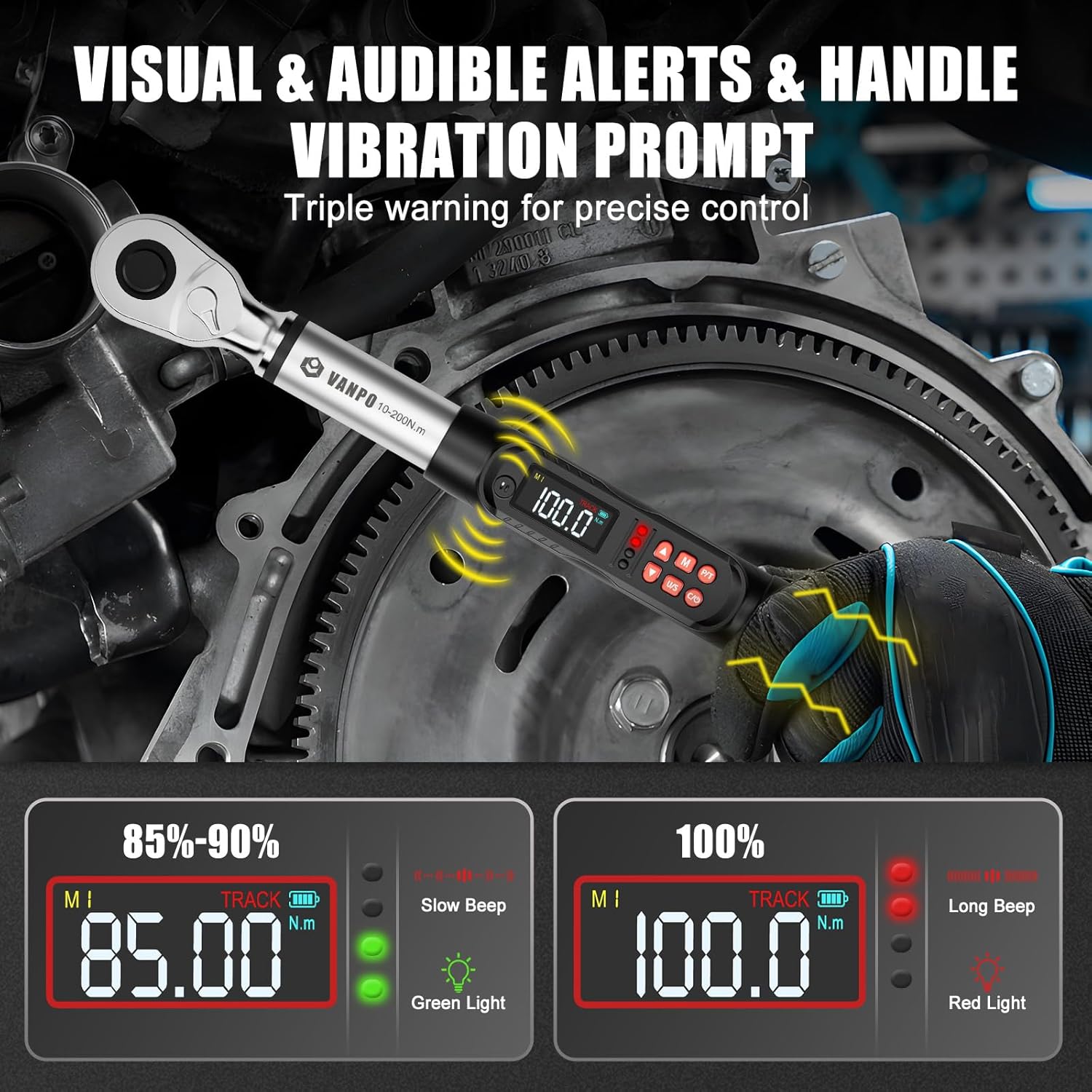 VANPO 1/2-Inch Digital Torque Wrench 7.38-147.5 ft.lb/10-200 N.m, Accuracy ±2% Electric Torque Wrench with 72-Tooth Ratchet, Vibration & Buzzer & LED Alert, for Car Tire Lug Nuts, Auto Repair