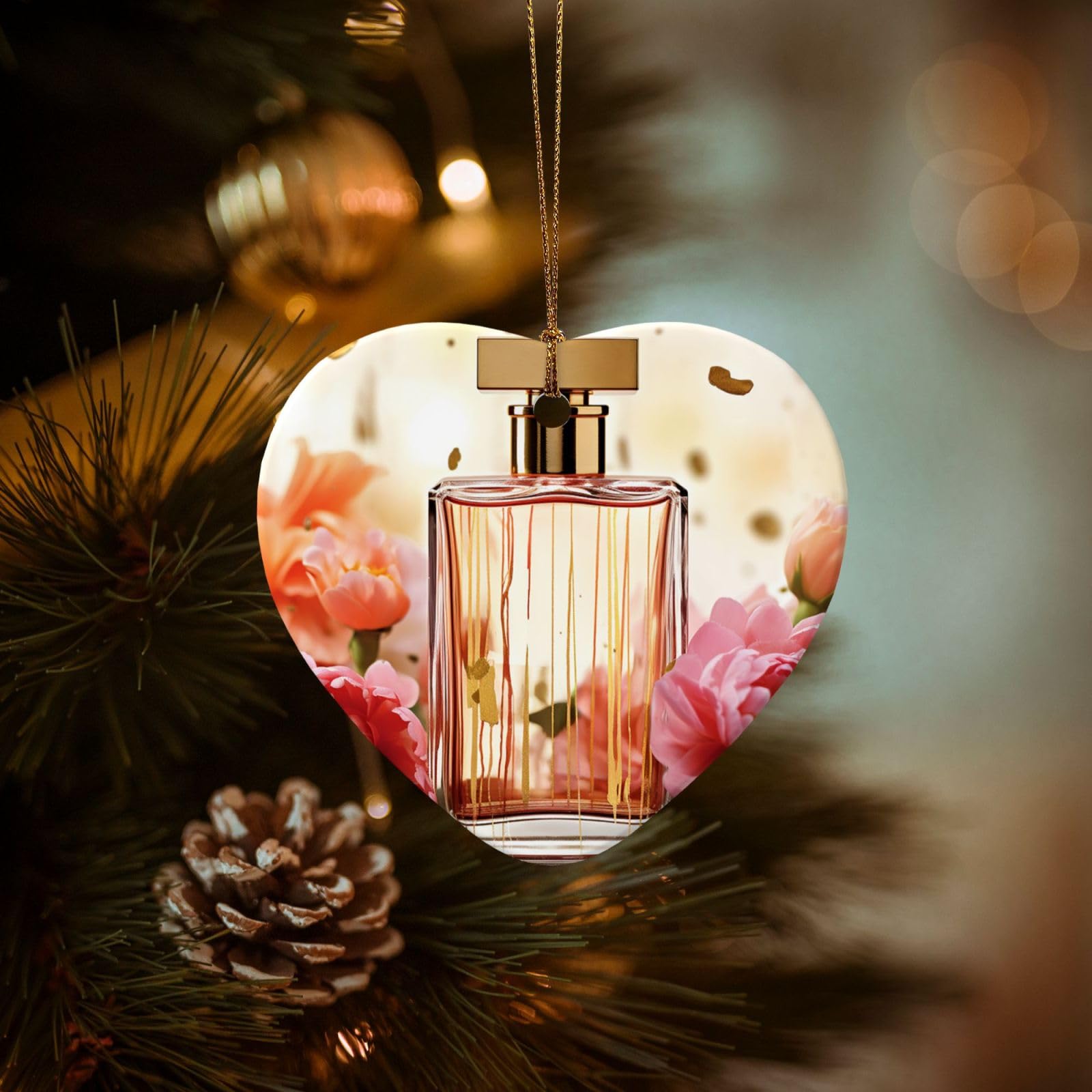 Christmas Tree Ornaments Ceramics Christmas Decorations Fashion Perfume Ornaments with Gold Ribbon Porcelain Xmas Tree Crafts Heart Shape Hanging Pendant for Christmas Tree Party Decor