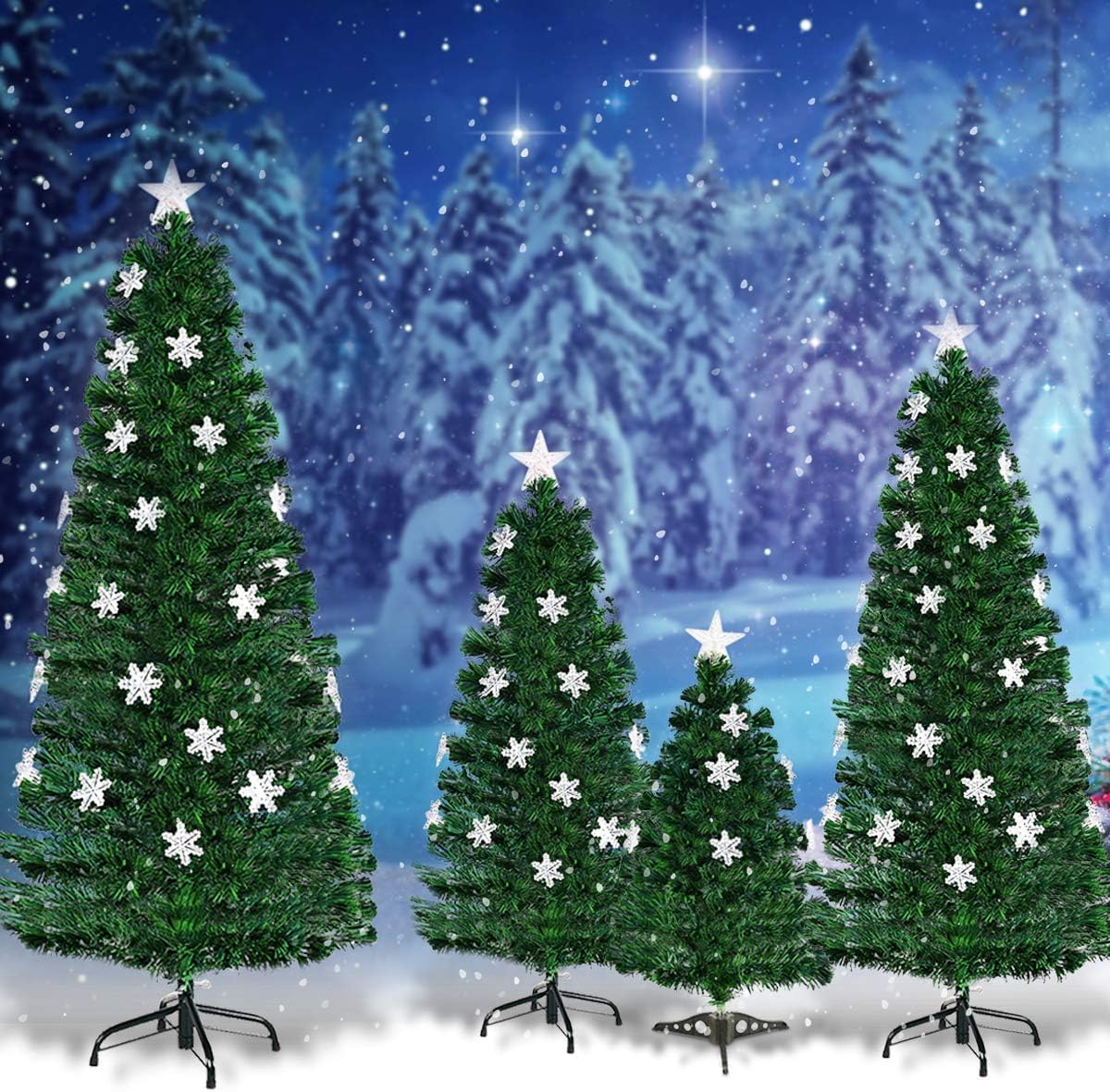 DREAMADE Sapin de Noël Artificiel 90CM/120CM/150CM/180CM avec 12/18/24/28 Lampes à LED, Arbre de Noël en PVC avec Flocon de Neige, Etoile au Sommet d’Arbre et Pieds en Fer, Vert (120cm)