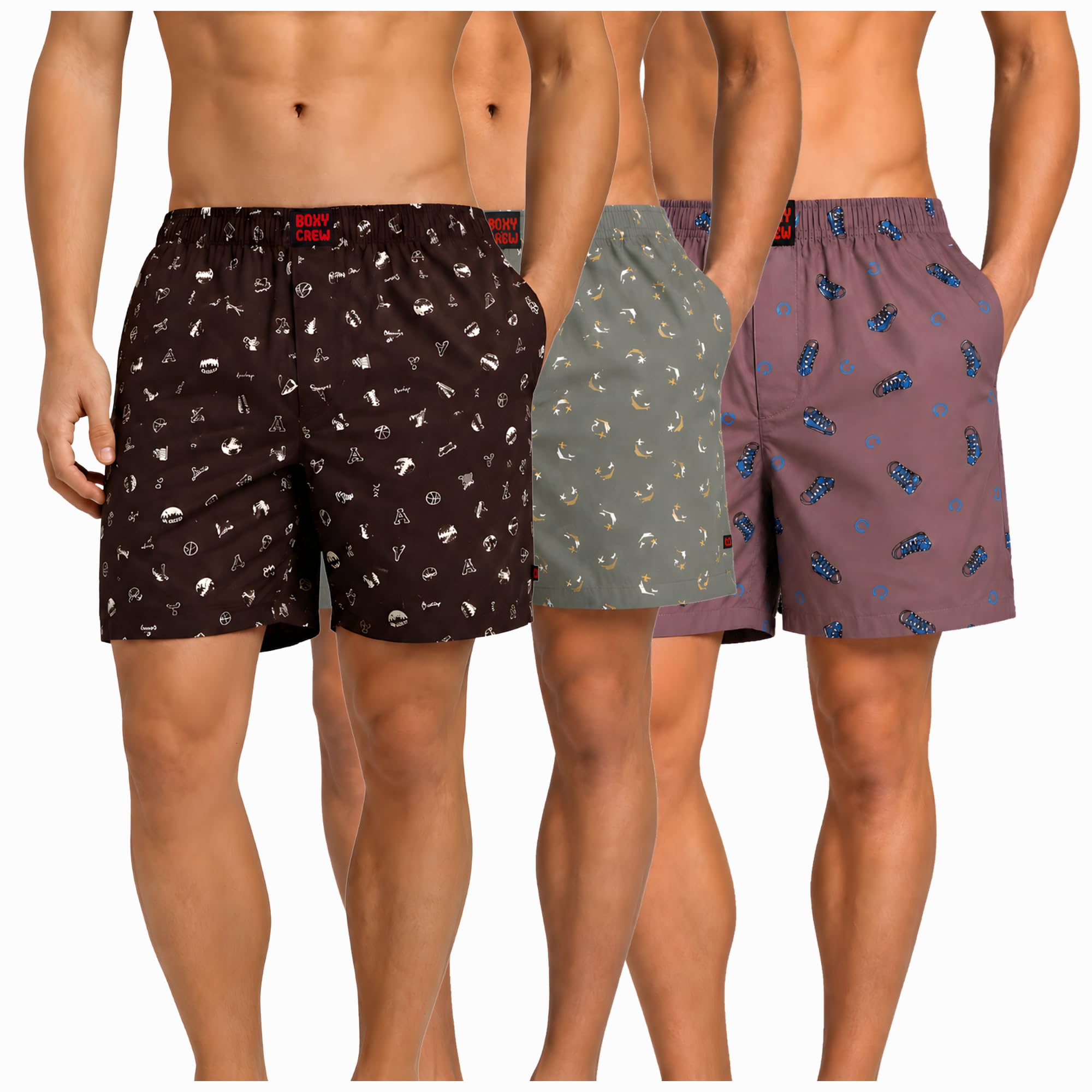 Men's 100% Cotton Boxer Shorts Pack of 3, Brown, Green & Mauve | Woven Boxers with Side Pockets, No-Marks Elastic Waistband, Breathable Relaxed Fit | Style 005-008-015-image-40