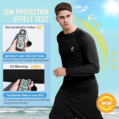 Vista 4 de MeetHoo Camiseta de protección solar UPF 50+ para hombre, camiseta de manga larga para natación, vela, senderismo
