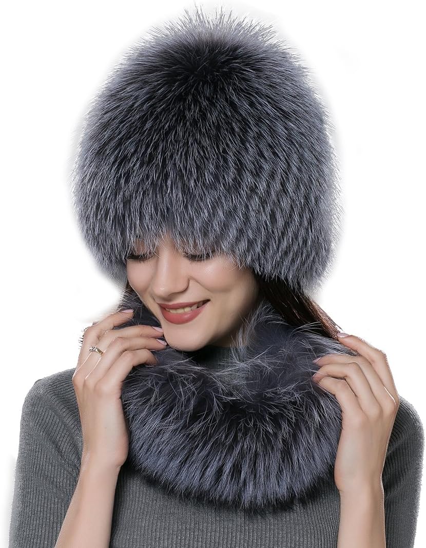 URSFUR Women Wig Scarf Set Real Fox Hat Wrap Winter Accessories