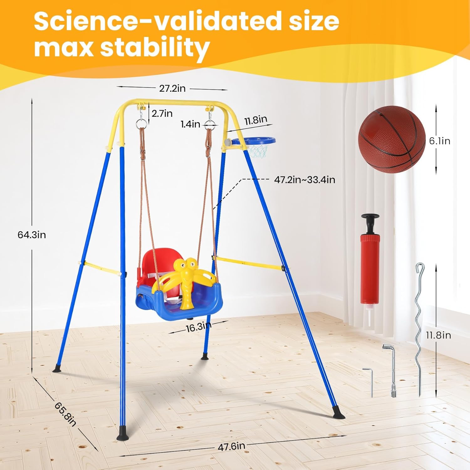 4 in 1 Toddler Swing Set Outdoor with Basketball Hoop, Multi-Functional Kids Swing Sets for Backyard, Indoor Baby Swing for Aged 6-72 Months