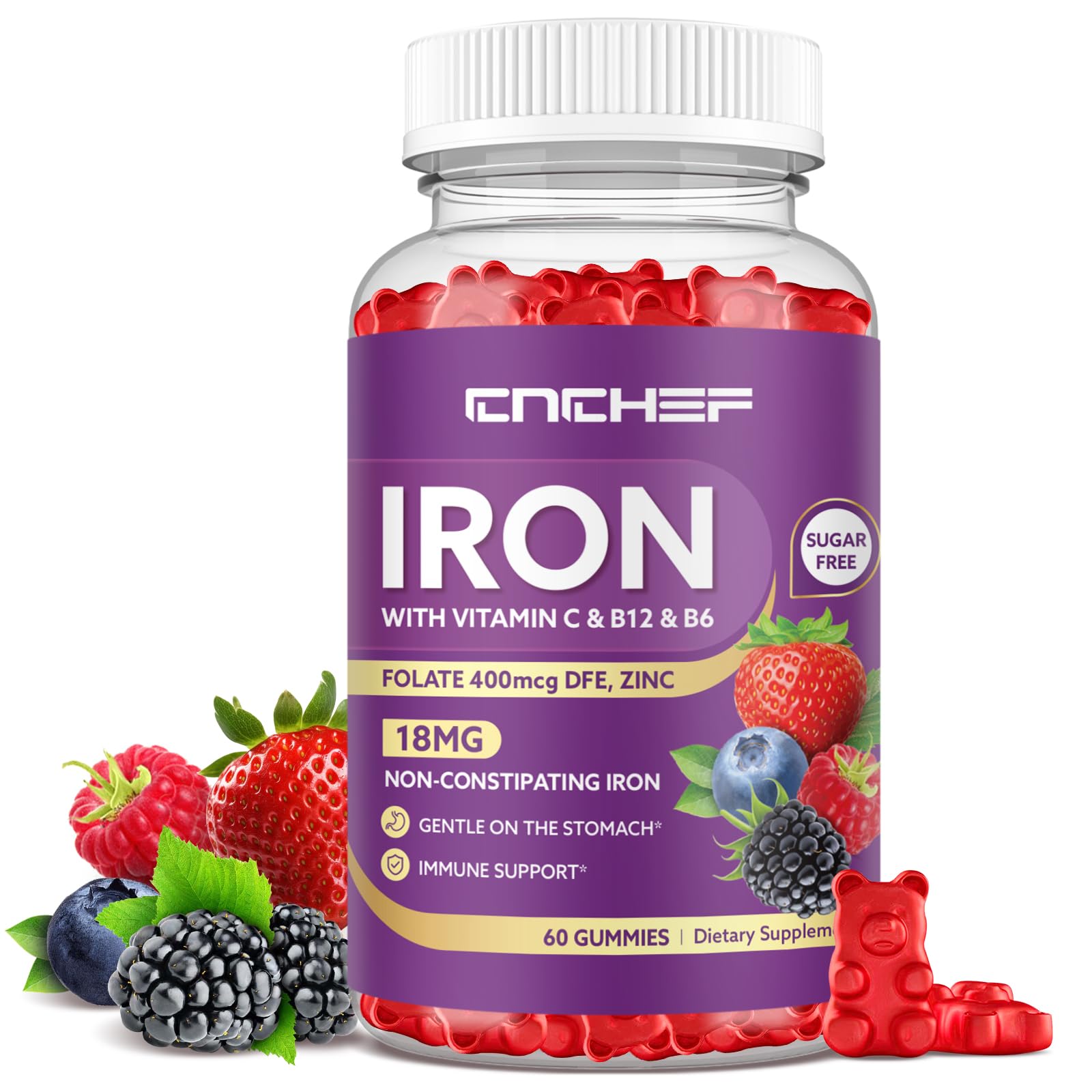 Iron Supplement for Women & Men Gummies, Multivitamin Blood Builder Iron Supplement with Folate Vitamin C B12 B6 Zinc for Adults & Kids - Energy Support - Mixed Berry Flavor, Vegan 60 Gummies Mixed Berry 60 Count (Pack of 1)