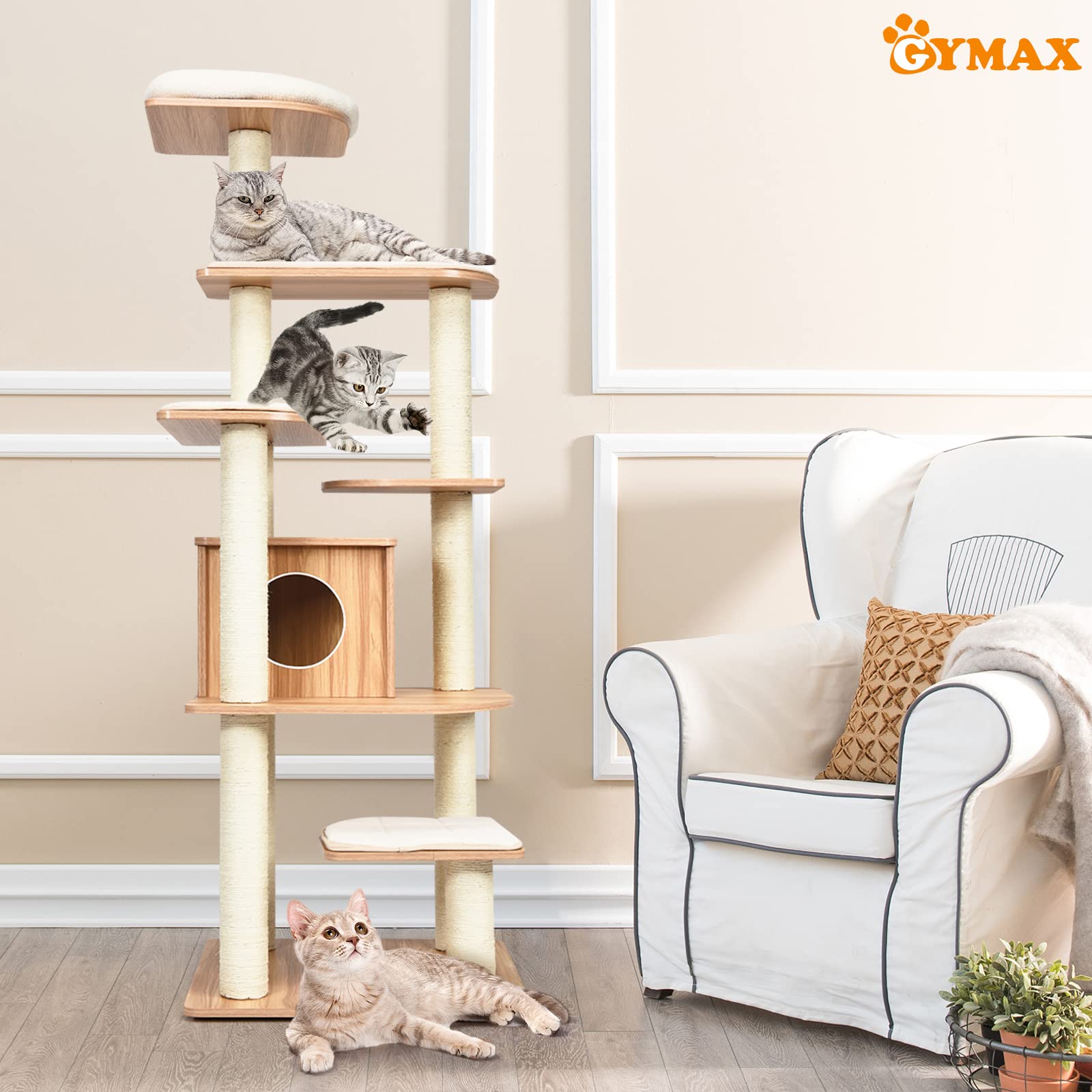 GYMAX Tiragraffi per Gatti, 86,5 x 86,5 x 176 cm, Carico 15 kg, Tronchi in Sisal, Cuscino Rimovibile Lavabile, Ideale per Gatti Grandi Adulti (Beige)