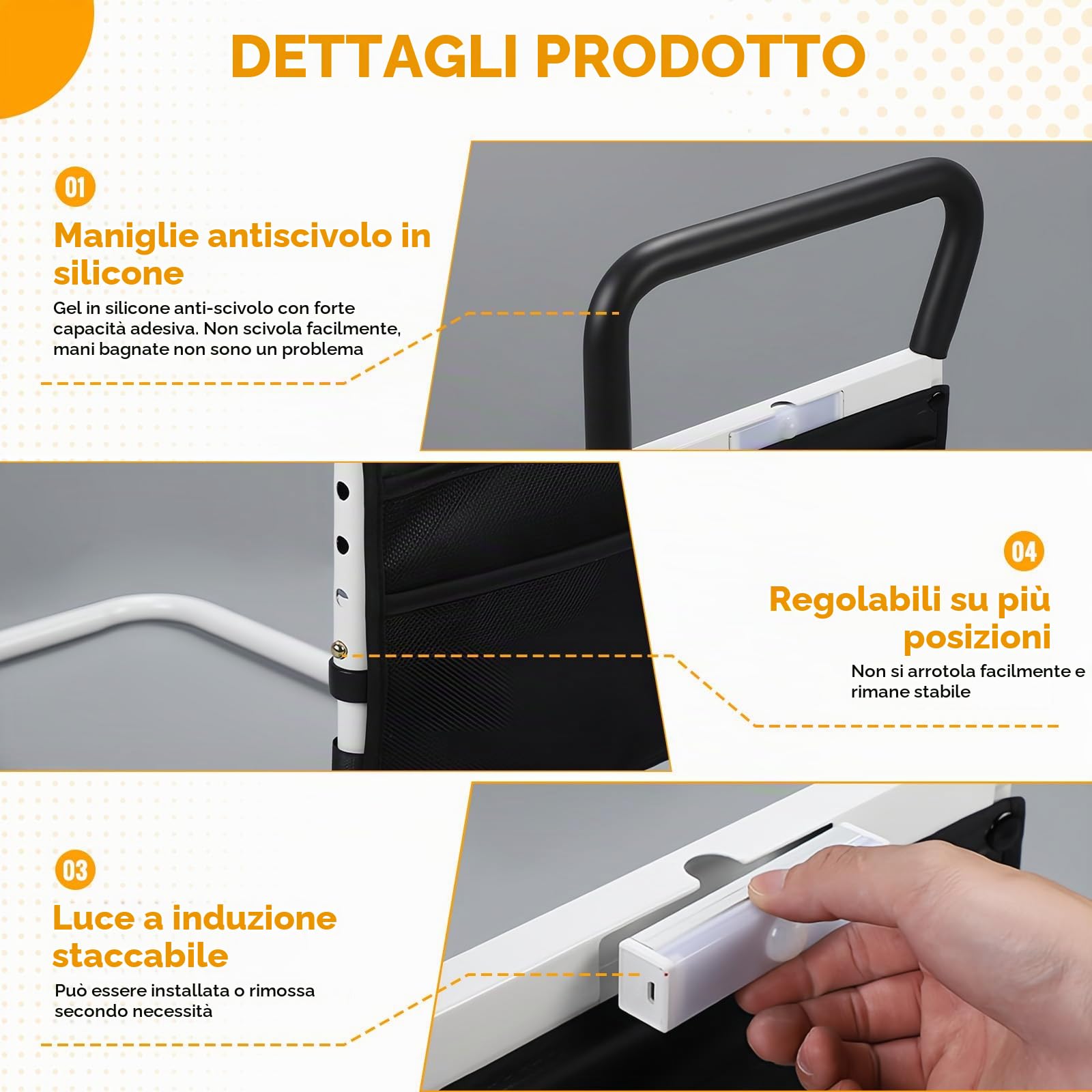 Sponde del letto per adulti più anziani-protezione del letto, Maniglie laterali rinforzate e lampada intelligente, Maggiore sicurezza e comfort, aiuto alla mobilità ideale per Anziani, Disabili