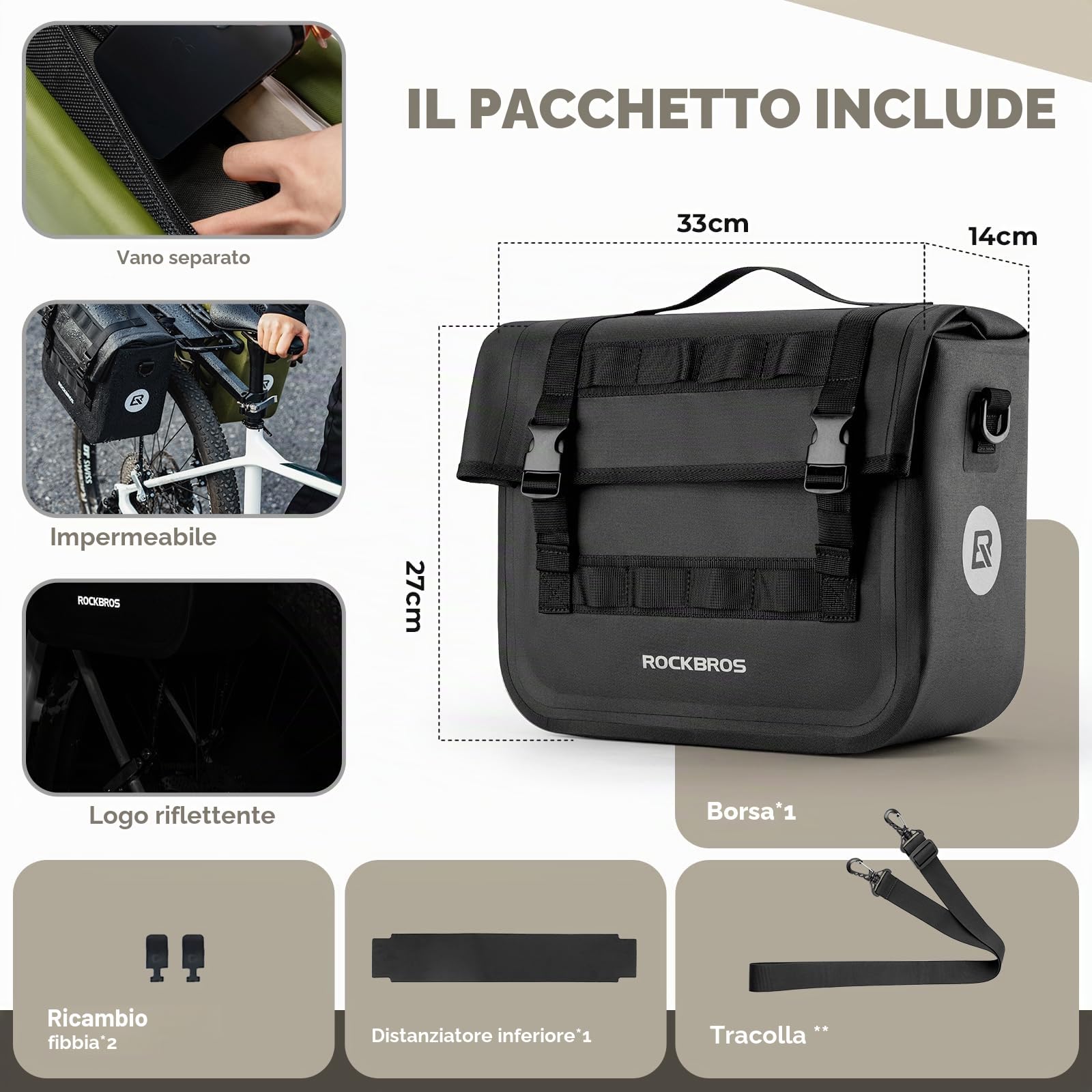ROCKBROS Borsa Bici Posteriore, Borsa Portapacchi Posteriore Impermeabile, Borsa Portabagali per Bicicletta Espandibile, Grande Capacità 9-15L, Borsa a Tracolla Multifunzionale per Ciclismo, Viaggio