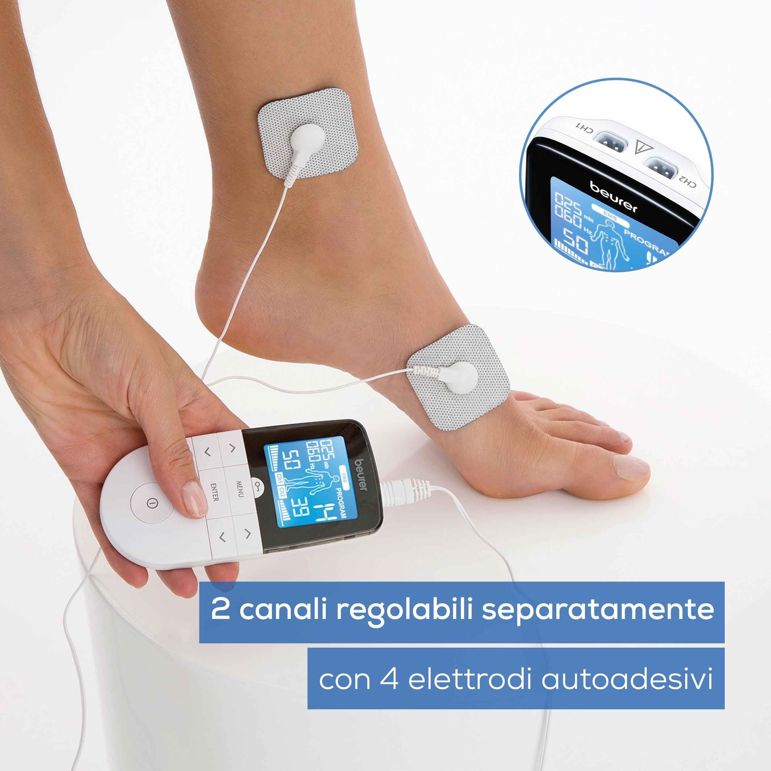 Beurer EM 49 Digital TENS/EMS, elettrostimolatore 3 in 1 per alleviare il dolore tramite elettrostimolazione nervosa, allenamento EMS, funzione massaggio, 2 canali, 6 programmi, 4 elettrodi