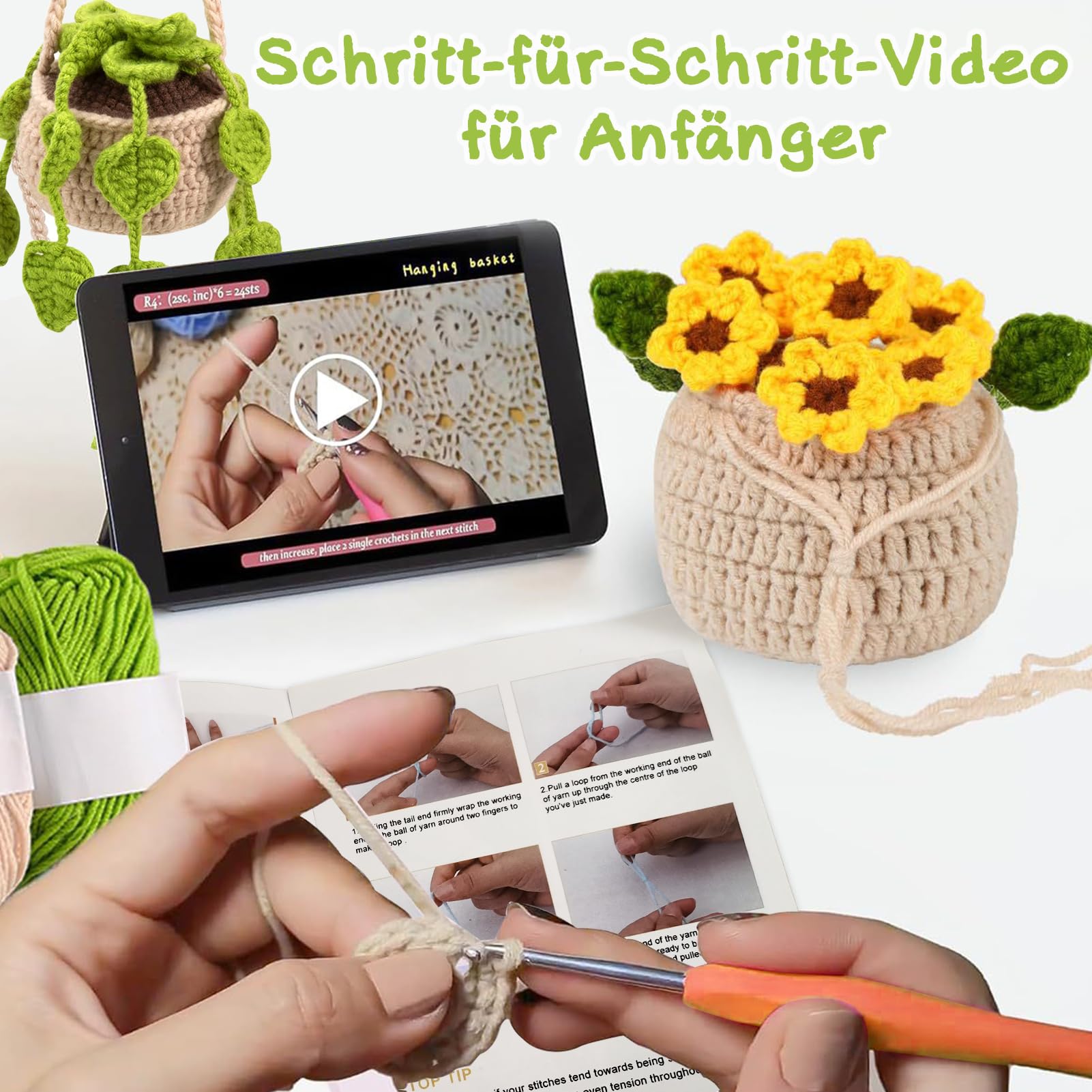 LYKTRIX Set uncinetto per principianti, 4 pezzi per piante in vaso da appendere, kit di avviato con video tutorial, regali per mamme, amiche e amanti