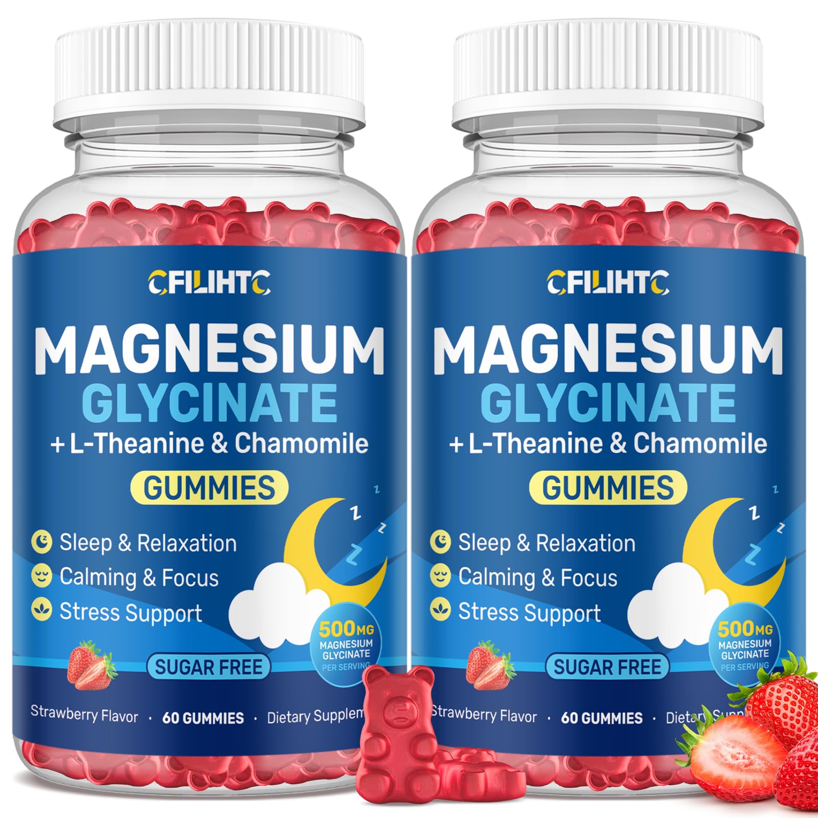 Magnesium Glycinate Gummies, Magnesium Glycinate 500mg with L-Theanine & Chamomile for Calm, Sleep, Stress Relief, Sugar Free, Vegan, Non-GMO - Strawberry Flavor, 120 Counts Strawberry 120 Count (Pack of 1)