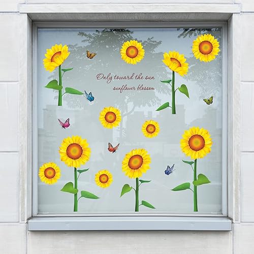Miniatura 6 de Adhesivo de pared de girasol, diseño de flores y mariposas, calcomanías de pared para dormitorio, vinilo extraíble, decoración artística de vinilo