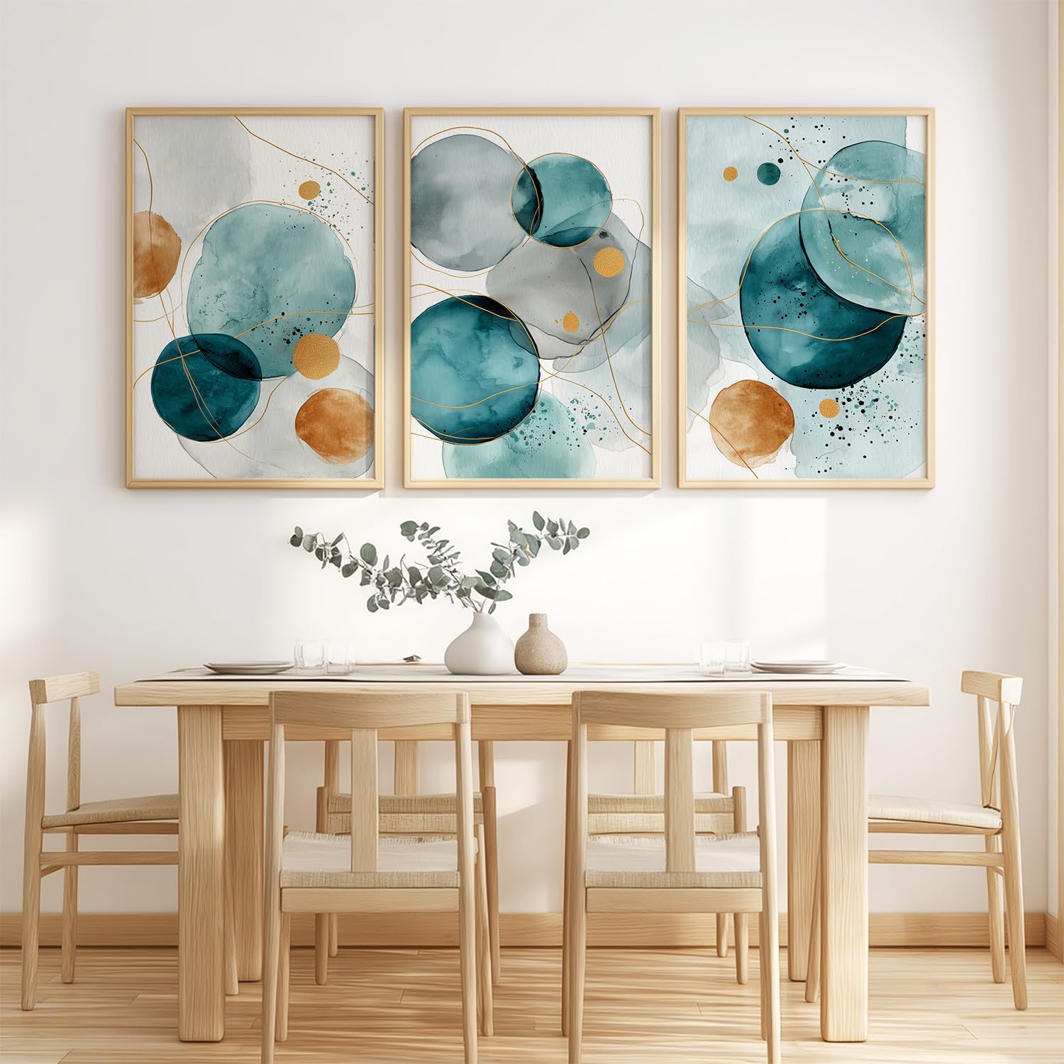 3er Set Wandbild Leinwand, Abstract Watercolour HD-Druck Poster auf Leinwand Wandkunst, Luxus Exquisit Gold Dunkles Petrol Rund Punktmuster Wanddeko für Wohnzimmer Schlafzimmer und Büro, 50 x 70 cm