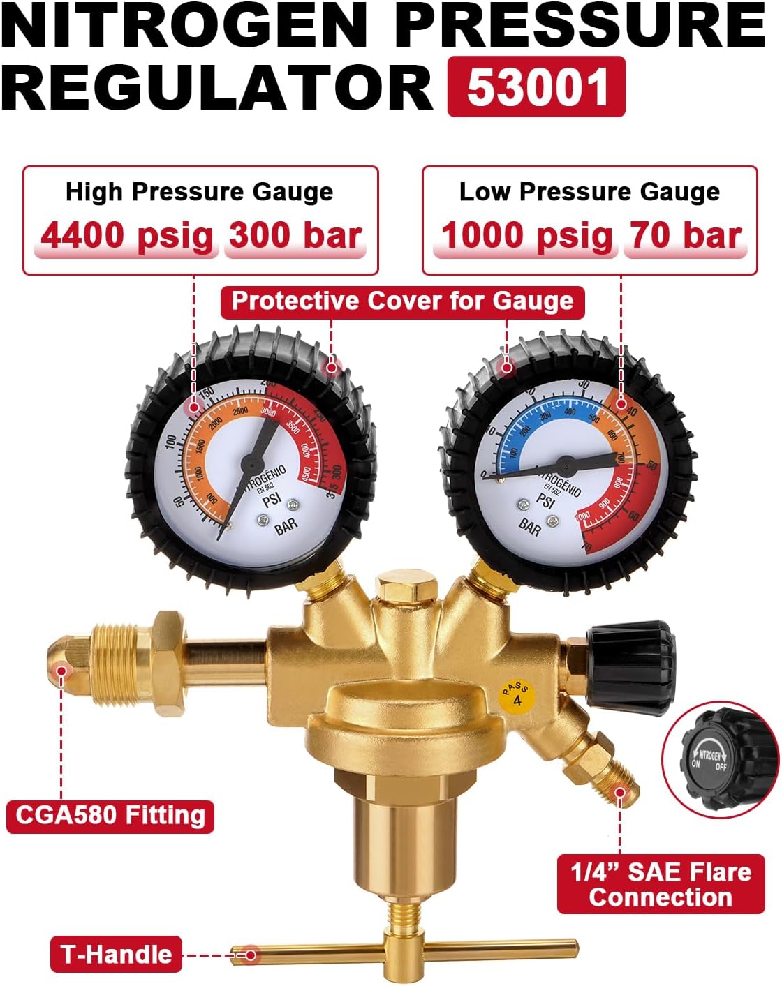 53010 Automotive HVAC Pressure Tester Kit 53001 Nitrogen Regulator 47382 Charging Hose 53042 Leak Testing Adapter R134A R410A Pressure Testing Tools