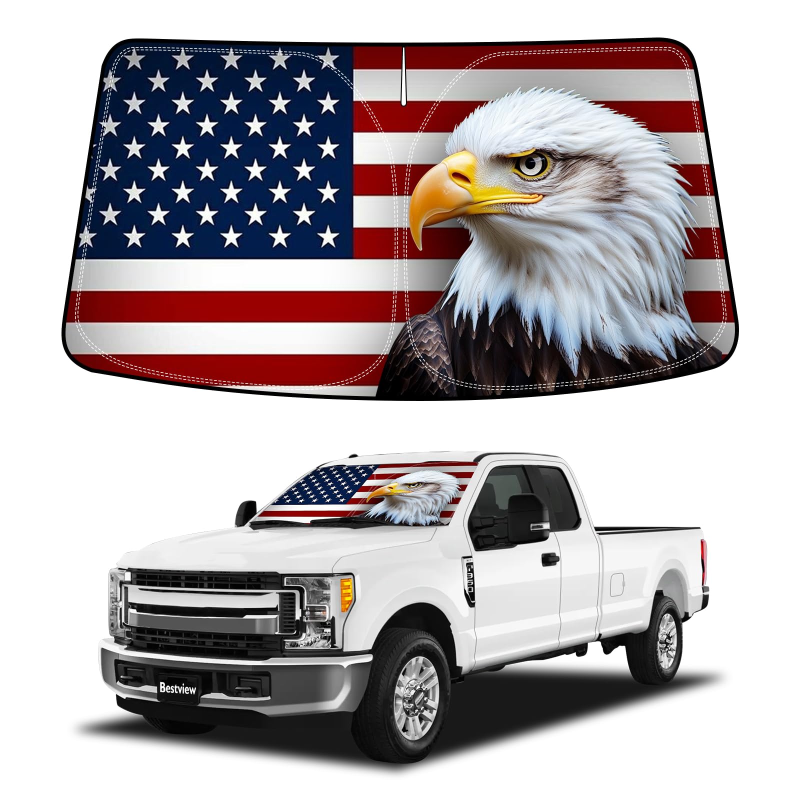 bestview american eagle flag windshield sun shade for 2017-2024 f250 f350,custom fit foldable front window sunshade sun visor accessories protector block uv rays heat, keep your car cooler