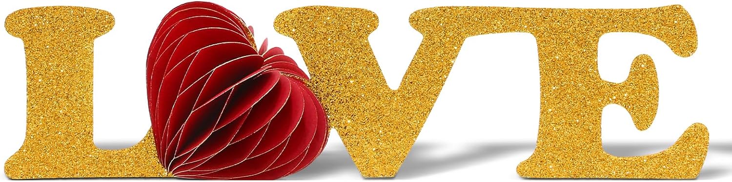 Valentines Day Decorations Paper Love Table Sign with Honeycomb Heart, Valentine Tabletop Centerpiece for Indoor Home Table Decor, Shelf Display and Romantic Party Supplies