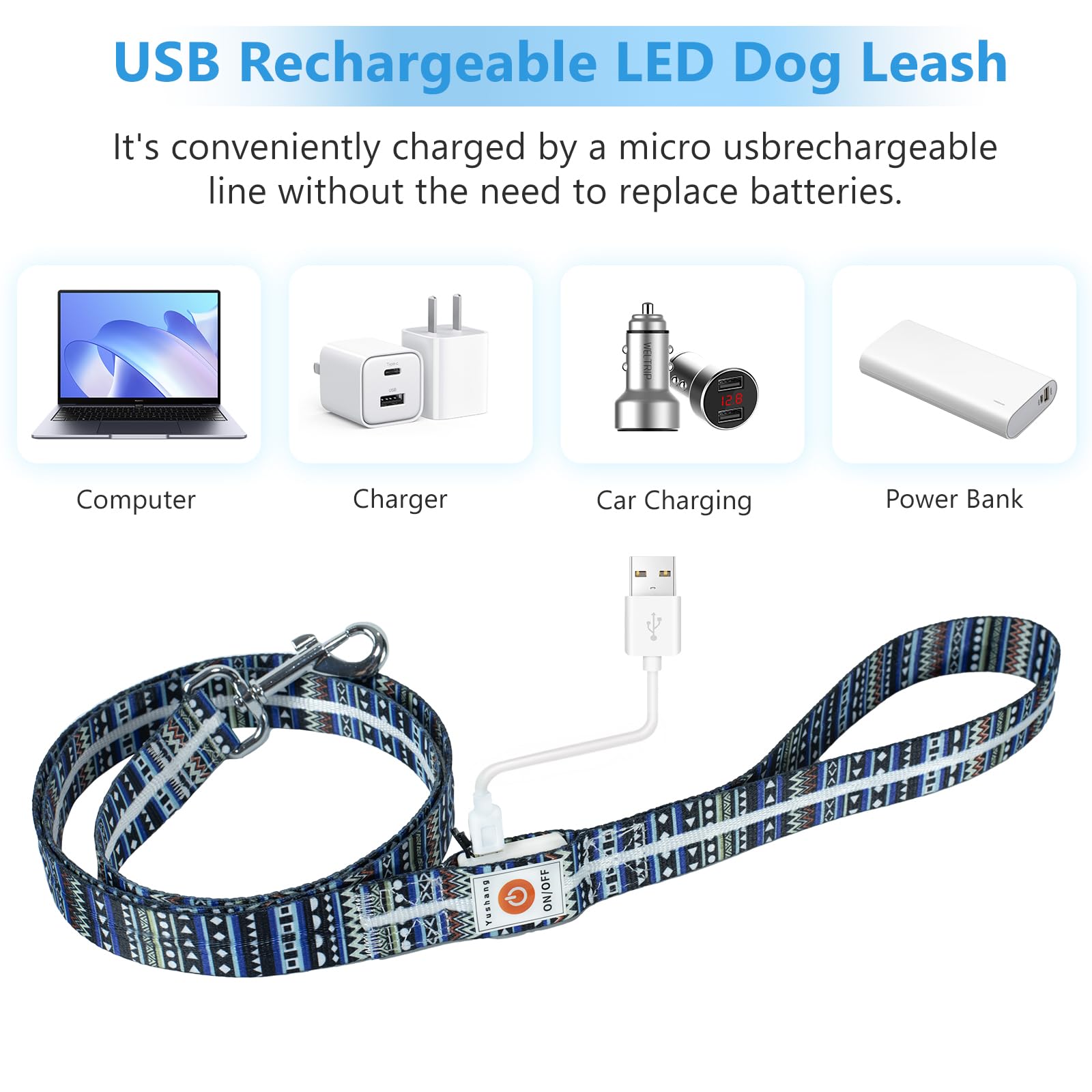 YUSHANG Light Up LED Dog Leash - Rechargeable, 5 Ft, 3 Lighting Modes for Medium Large Dogs Walking at Night (L:1.5m/W:25mm) - Image 3