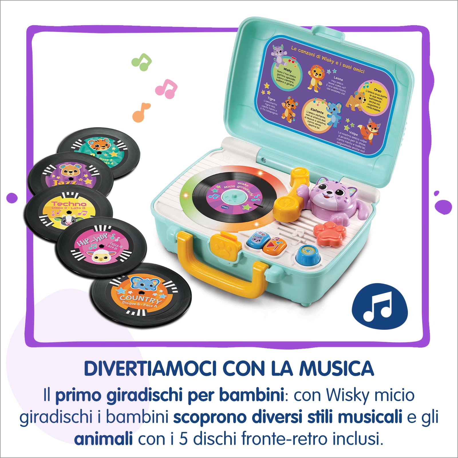 VTech Wisky, Micio Giradischi, Giradischi per Bambini, 5 Dischi Fronte-Retro, Regolazione Volume, Valigetta Inclusa, 6 Canzoni, Lingua Italiana, Batterie Incluse, 1-4 Anni