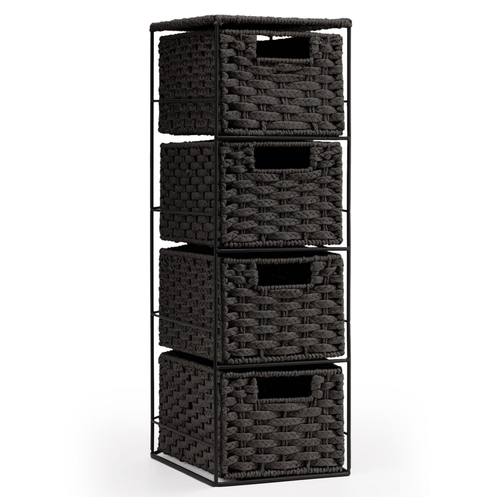 EHC Drawers Storage Unit Baskets, 4 Drawer Wicker Hand-Woven Storage boxes Shelves, Slimline Ideal For Organising Home or Office - Black
