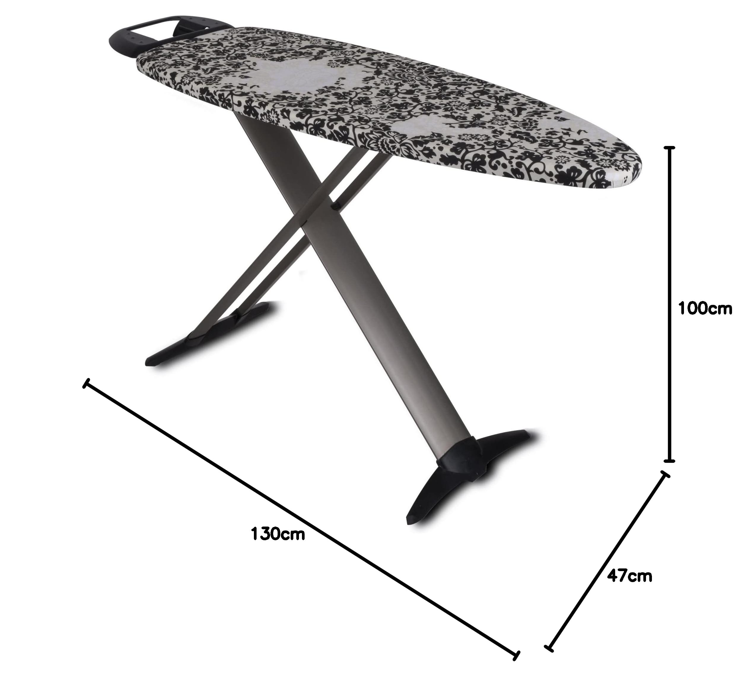 Składana deska do prasowania TIFFANY wykonana z wysokiej jakości aluminium 130x47 H93cm z podstawą żelazka i centralnym oparciem na parze