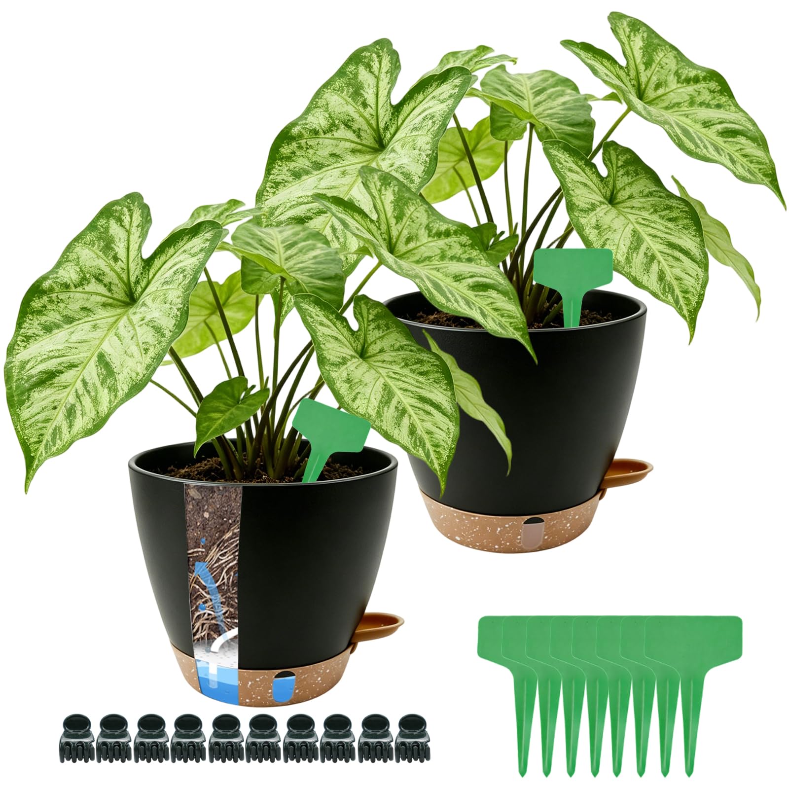 VISTTUSFINE 20cm Self Watering Plant Pots with Water Level Gauge, 2pcs Plant Pot Black