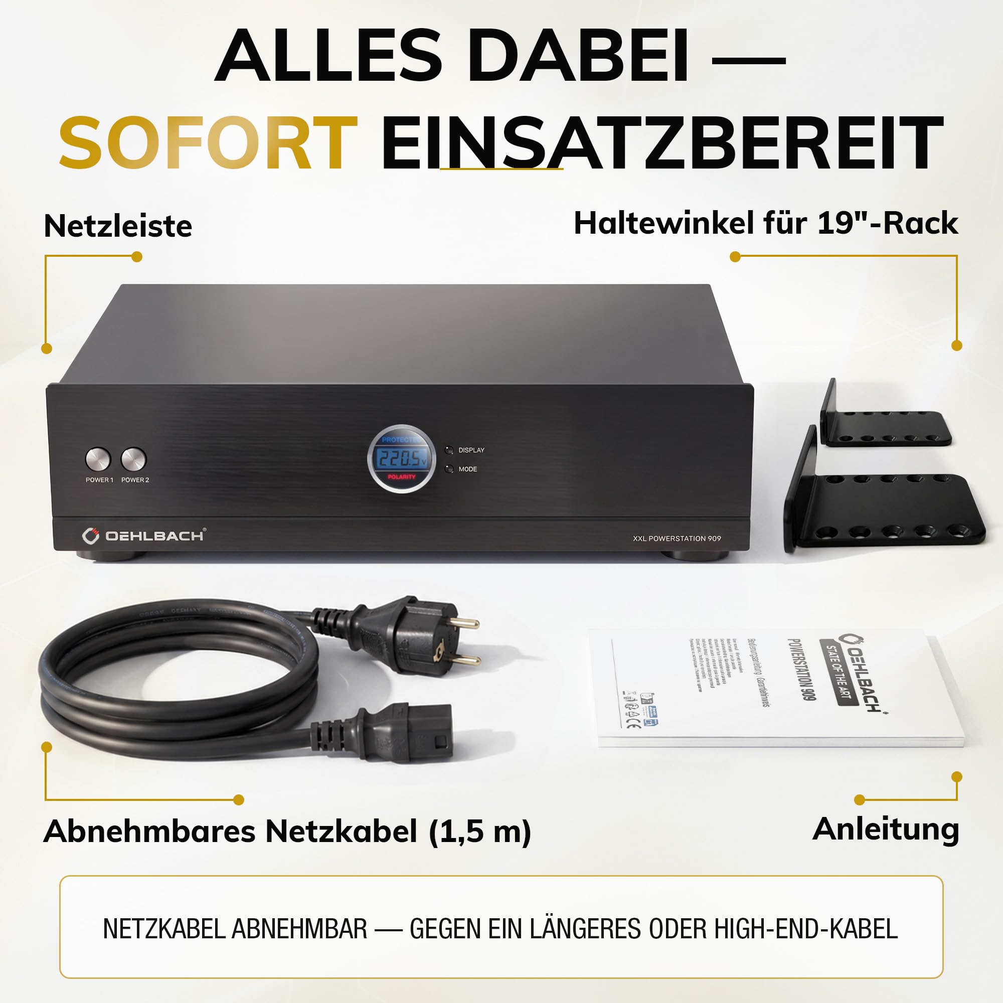 Oehlbach Powerstation 909 - Mehrfachsteckdose mit Stromfilter, Überspannungsschutz, 8 Anschlüsse, Delay-Funktion, High-End-Verarbeitung für HiFi & Heimkino, Schwarz