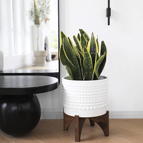 Miniatura 3 de Maceta de cerámica LA JOLIE MUSE con soporte de madera - Maceta de flores de cilindro blanco de 8.0 pulgadas con relieves de patrón de clavos para