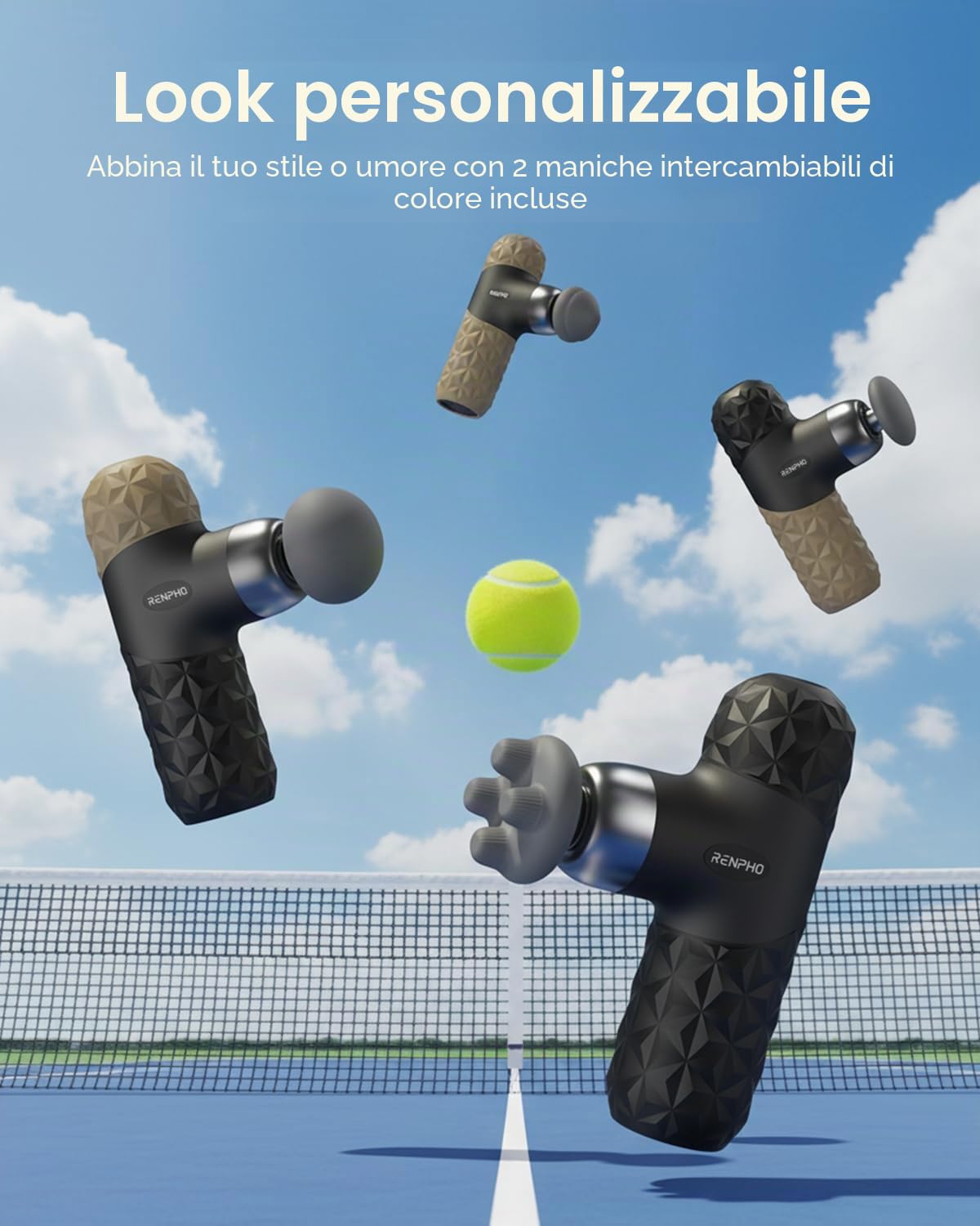 RENPHO Mini Pistola Massaggio Muscolare con funzione calore per relax | Mini Pistola Massaggio Muscolare portatile e silenziosa con 4 velocità, 4 testine e custodia, ideale in viaggio