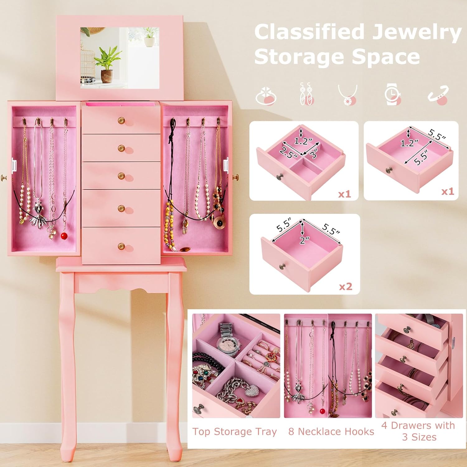 GOFLAME Standing Jewelry Armoire Cabinet with Top Flip Mirror, Jewelry Box Chest with 4 Drawers, Top Compartments, 8 Necklace Hooks and 2 Side Doors, Jewelry Storage Organizer for Bedroom, Pink