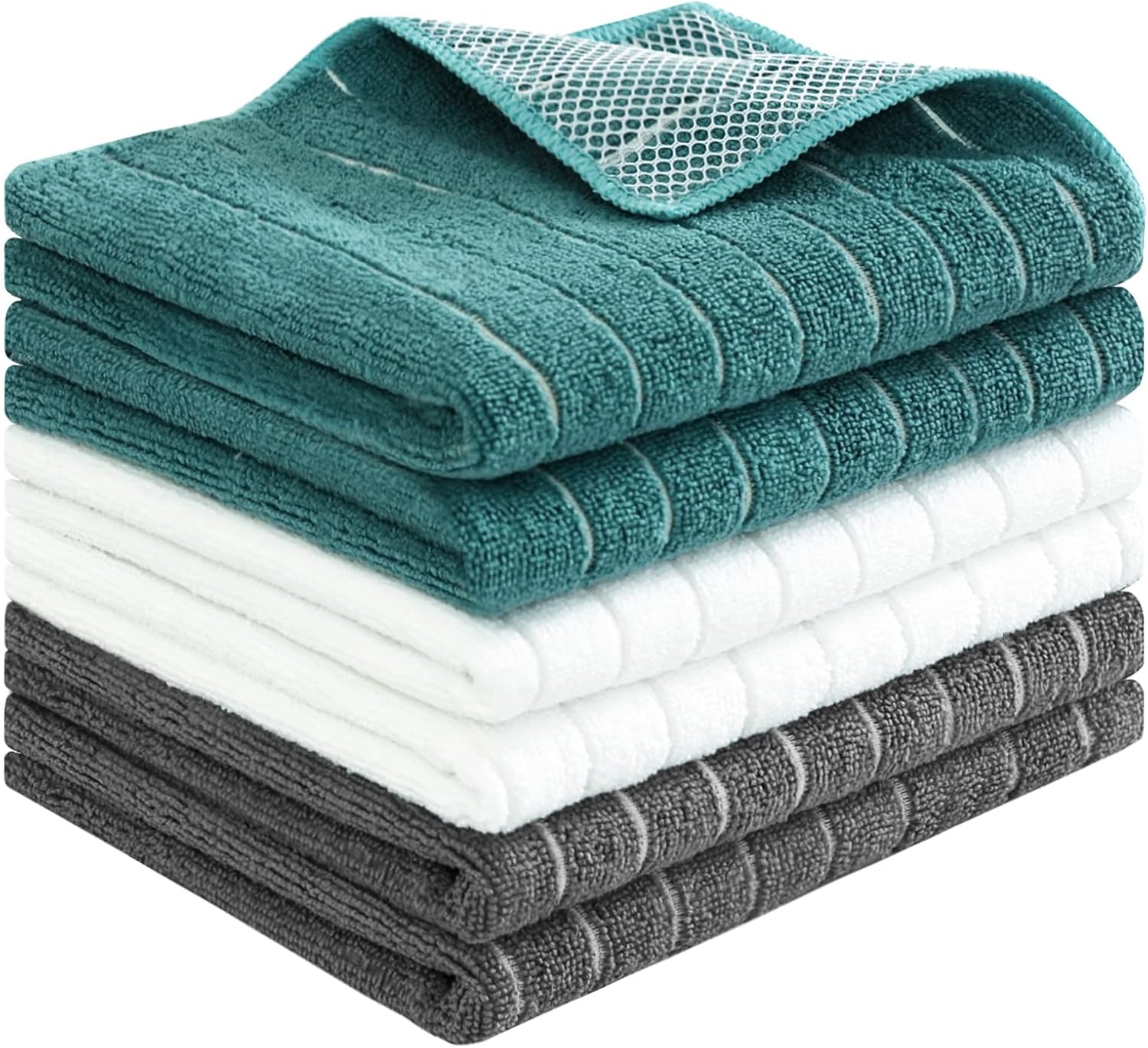 PY HOME & SPORTS Microfiber Kitchen Dish Towels 6 Pack- 17 x 25” Super Absorbent Kitchen Hand Dish Cloths with Upgraded Mesh Design, Lint Free & Quick Drying (Grey/White/Teal)