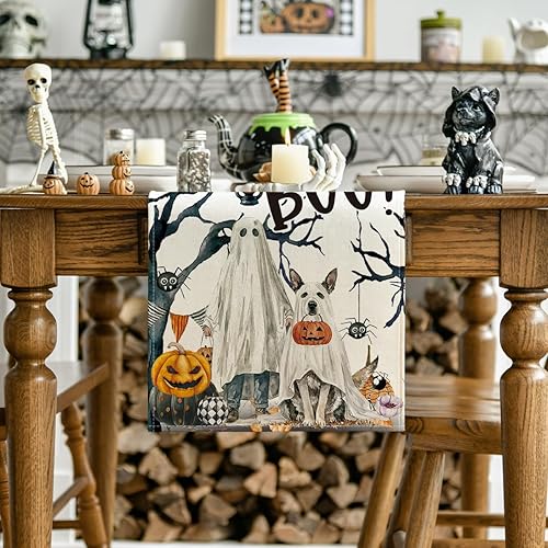 Miniatura 2 de Artoid Mode Camino de mesa de Halloween con diseño de calabazas fantasmas, árbol de calabaza, decoración de mesa de comedor de cocina de otoño para