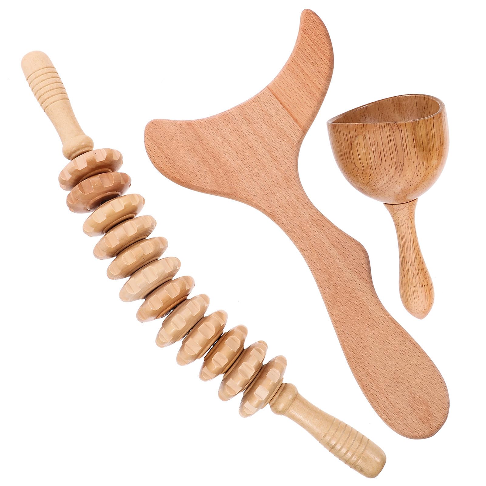 Set Strumenti Massaggi in Legno Multiuso 3 Pezzi Bastoncino Massaggiatore per Collo e Spalle, Tavola da Massaggio Compatta per Rilassamento Muscolare e Massaggio Linfatico Corpo