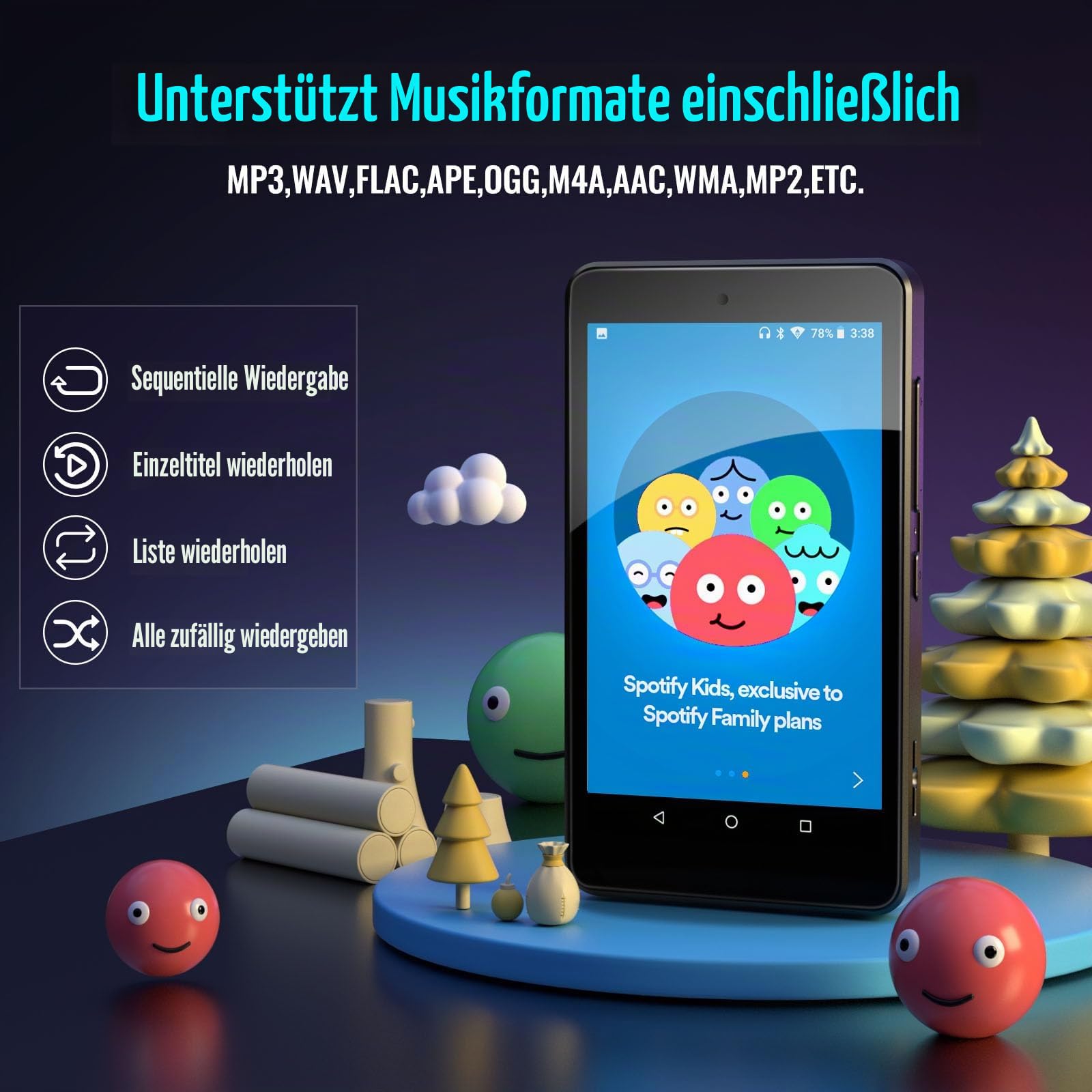 MP3-Spieler für Kinder mit Elterngeräten, Spotify Kids, Spotify, Audible, Amazon Music, Libby, 4,0-Zoll-IPS-MP4-Musikspieler mit Einer Kapazität von bis zu 512 GB (schwarz)