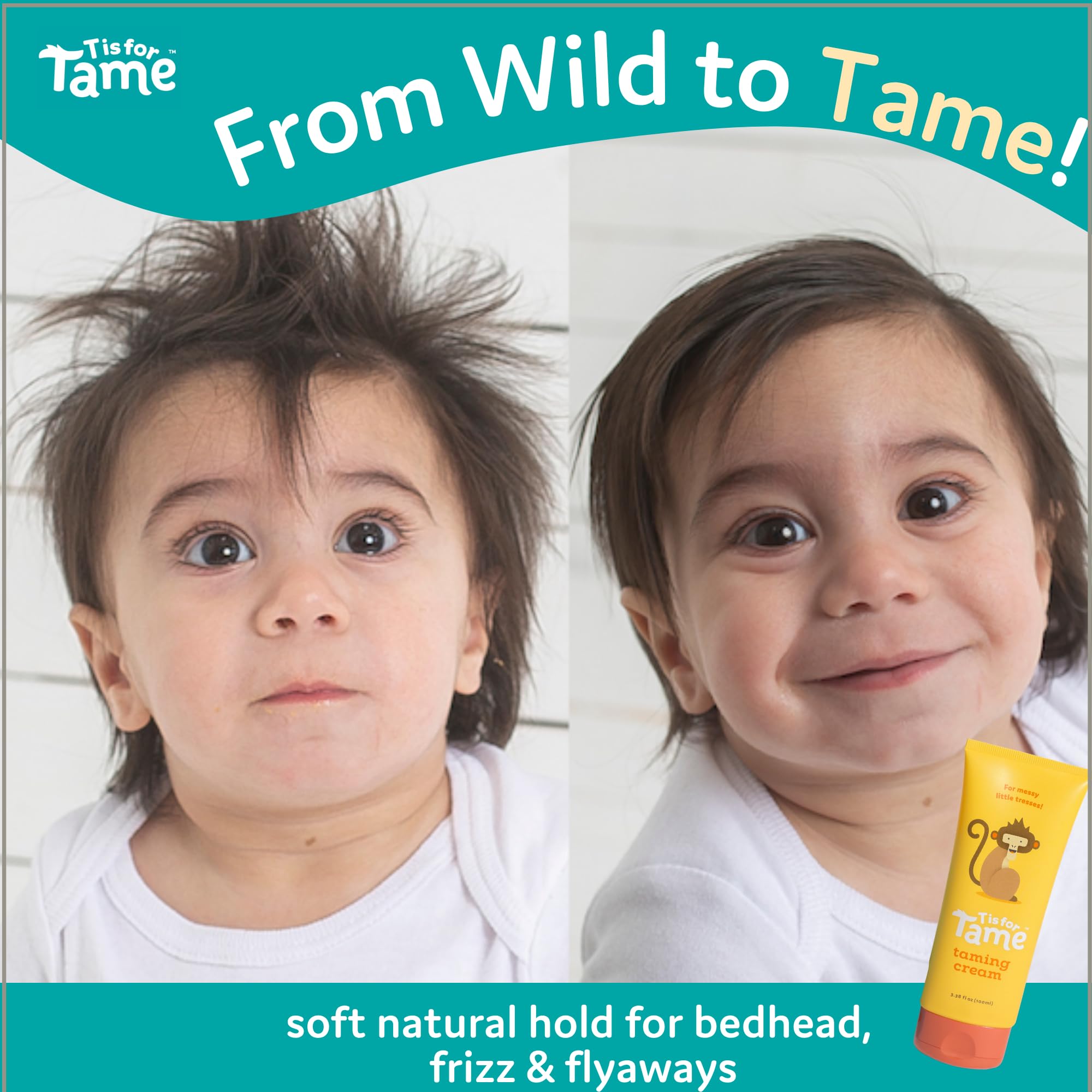T is for Tame Cream – krem ​​do włosów dla dzieci z naturalnymi składnikami. Delikatnie modeluje niesforne, puszące się i elektryzujące się włosy, nie pozostawiając lepkiej ani tłustej warstwy. 100 ml