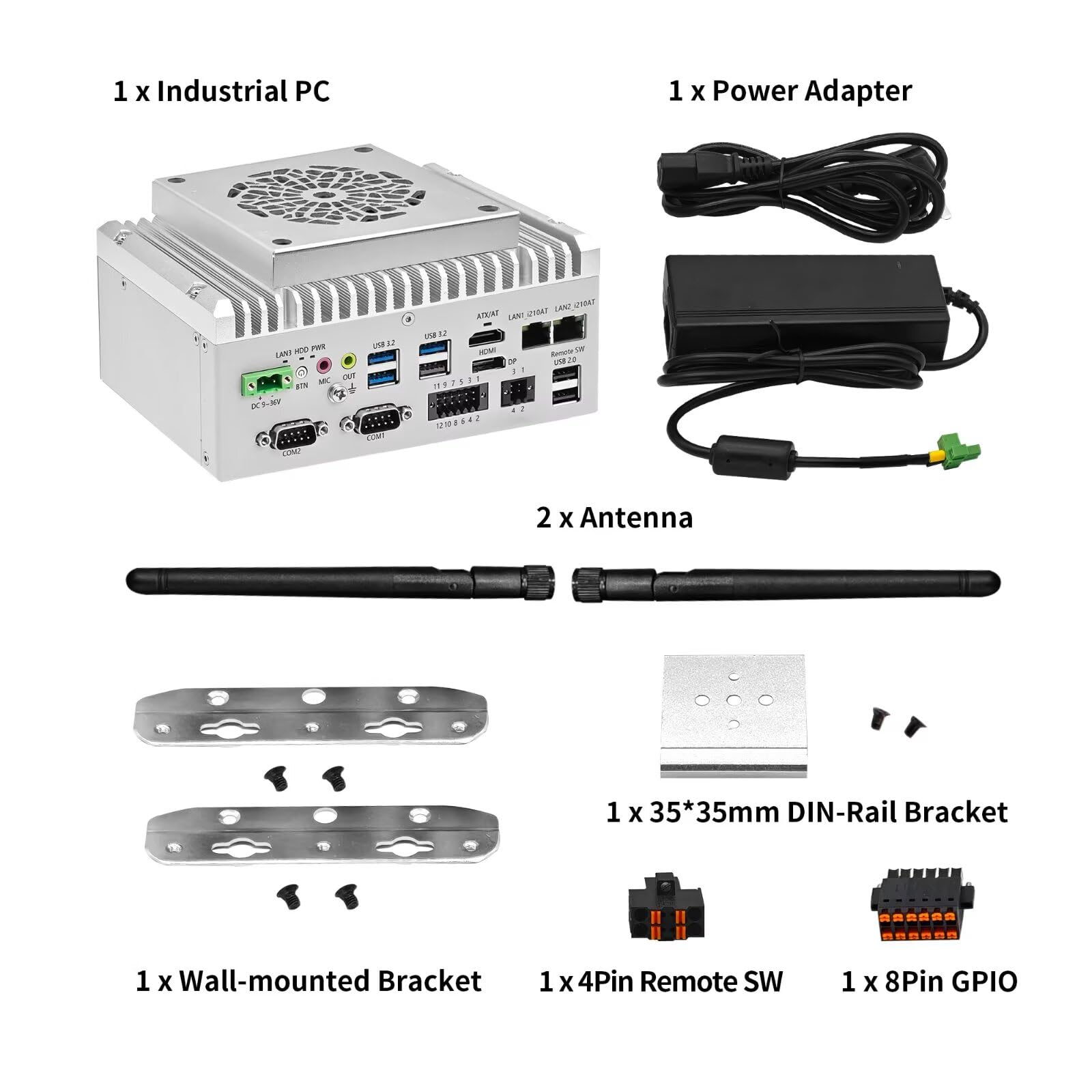 Industrie Mini PC Lüfterlos Fanless Embedded Computer i5-1235U Dual LAN 2COM 8Pin GPIO 6USB DP+HD 4K60Hz Dual DisplayAuto Power On DDR4 8G RAM 128G SSD, Barebone