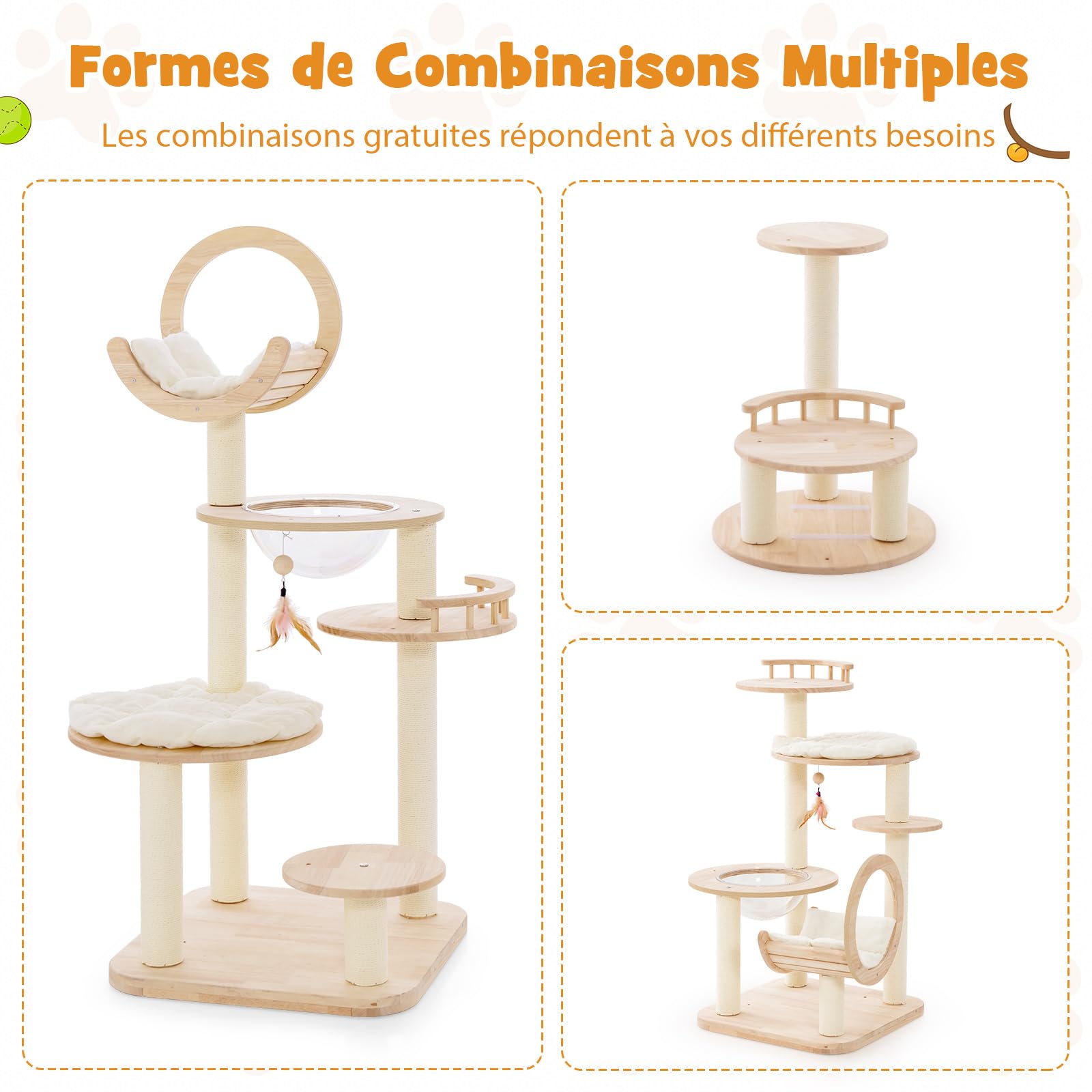 COSTWAY Arbre à Chat en Bois Convertible 4 en 1, Grande Tour à Chat 146 CM en Blocs de Construction avec Condo, Hublot et Griffoir, Centre d’Activités pour Chaton avec Jouet Suspend, Bois de Chêne