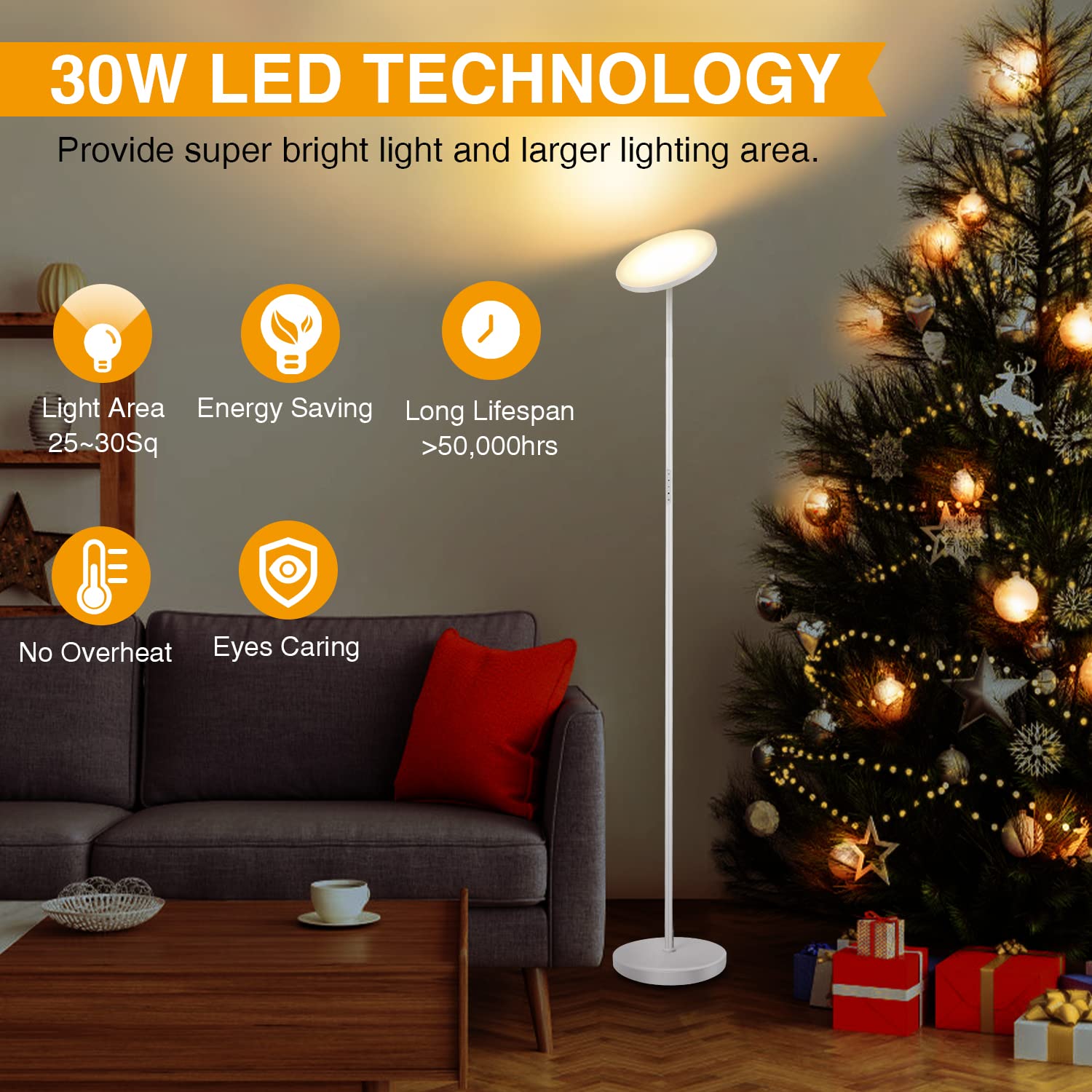 OUTON Lámpara de Pie LED Regulable, Control Remoto Magnético y Control en el Poste, 30W 2400lm, 4 Temperaturas de Color, Función de Temporizador y Memoria,Blanco