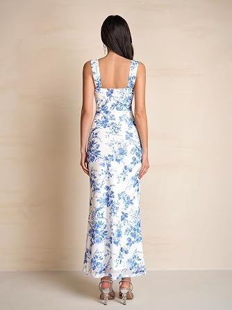 Colysmo Off Shoulder Floral Maxi Elegant Wedding Guest Dresses for Women | Stretchy Mesh Bodycon Dress, Lace-Up Front, 3 Waist Trim Strips, Long Formal, Cocktail, Baby Shower, Evening