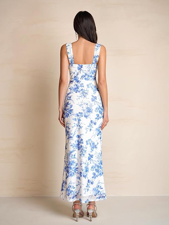 Colysmo Off Shoulder Floral Maxi Elegant Wedding Guest Dresses for Women | Stretchy Mesh Bodycon Dress, Lace-Up Front, 3 Waist Trim Strips, Long Formal, Cocktail, Baby Shower, Evening