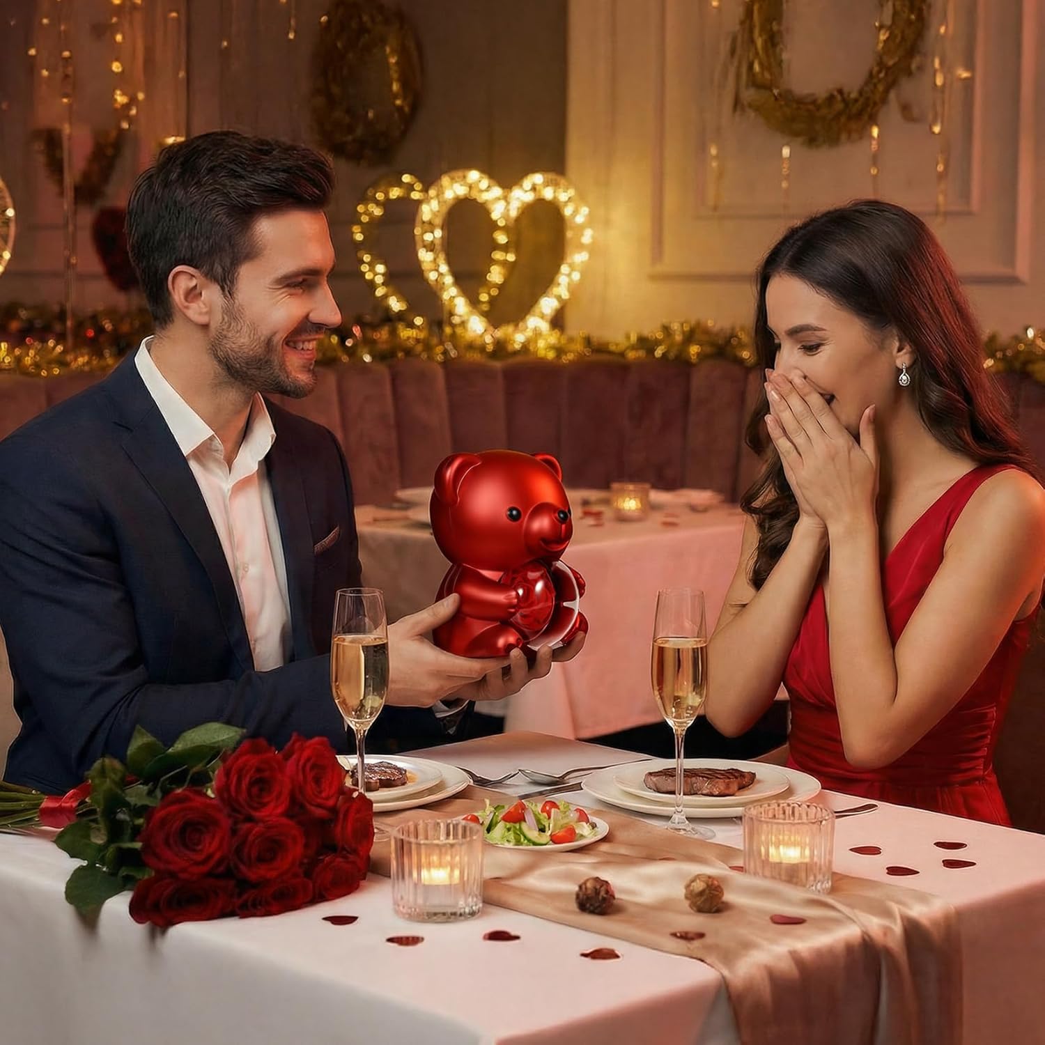 Cute Teddy Bear with Preserved Rose, Hidden Surprise Necklace Rotating Gift Box Valentines Day Gifts for Her, Romantic Eternal Rose Flowers for Birthday, Wedding, Anniversary, Mother’s Day - Image 5