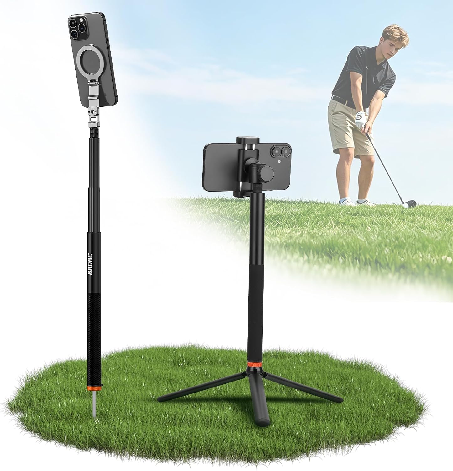 BRDRC Golf Tripod & Monopod Magnetic Phone Stand Holder Golf Selfie Stick Recording Stick Aluminum Golf Swing Training Aid with Mag Safe Adapter & Phone Clip for MagSafe/iPhone Android Accessories