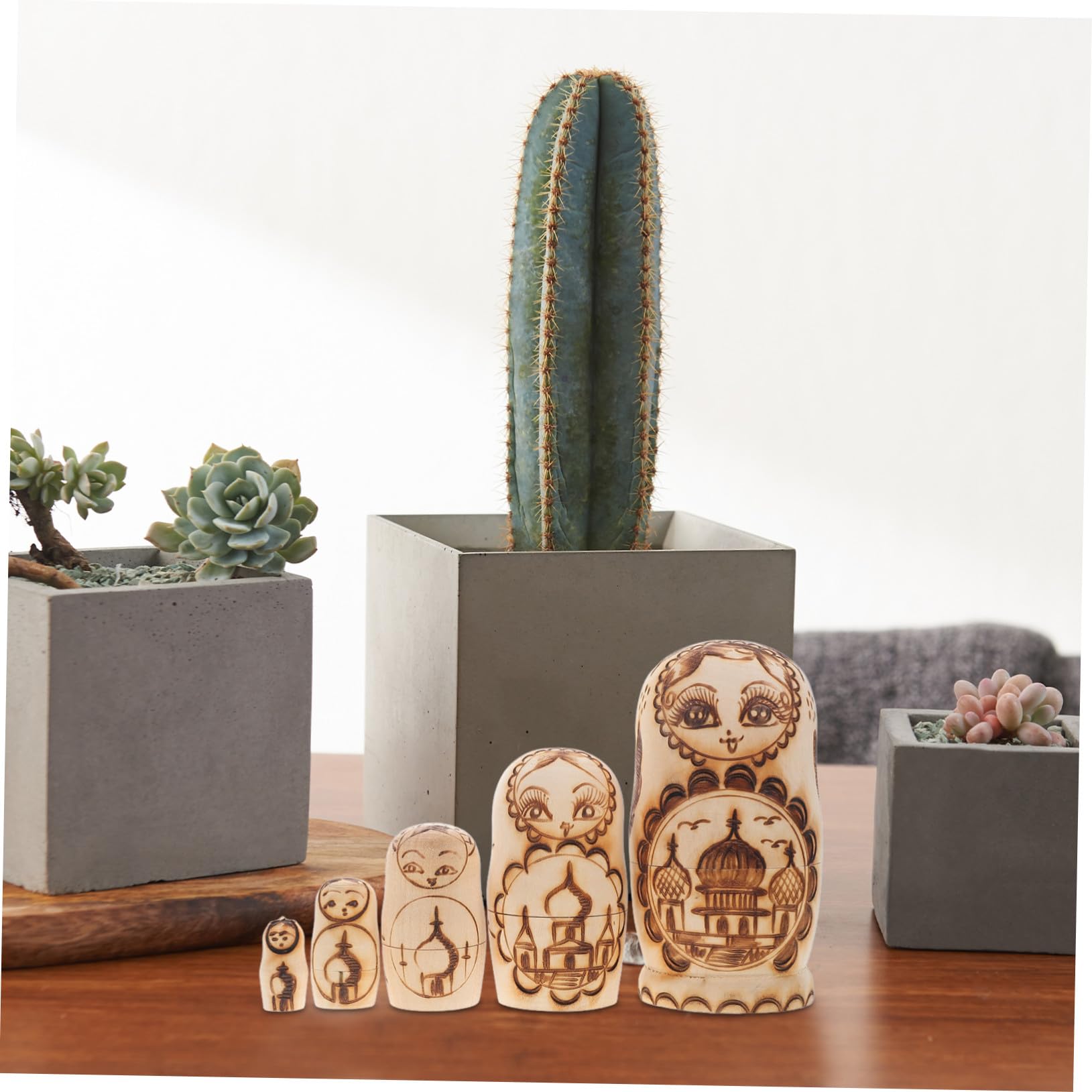 Muñecas Matrioska Rusas De Madera Sin Pintar 5 Capas Relieve Pirograbado Niños Decoración Obsequio Apilable Juego Tradicional Ruso
